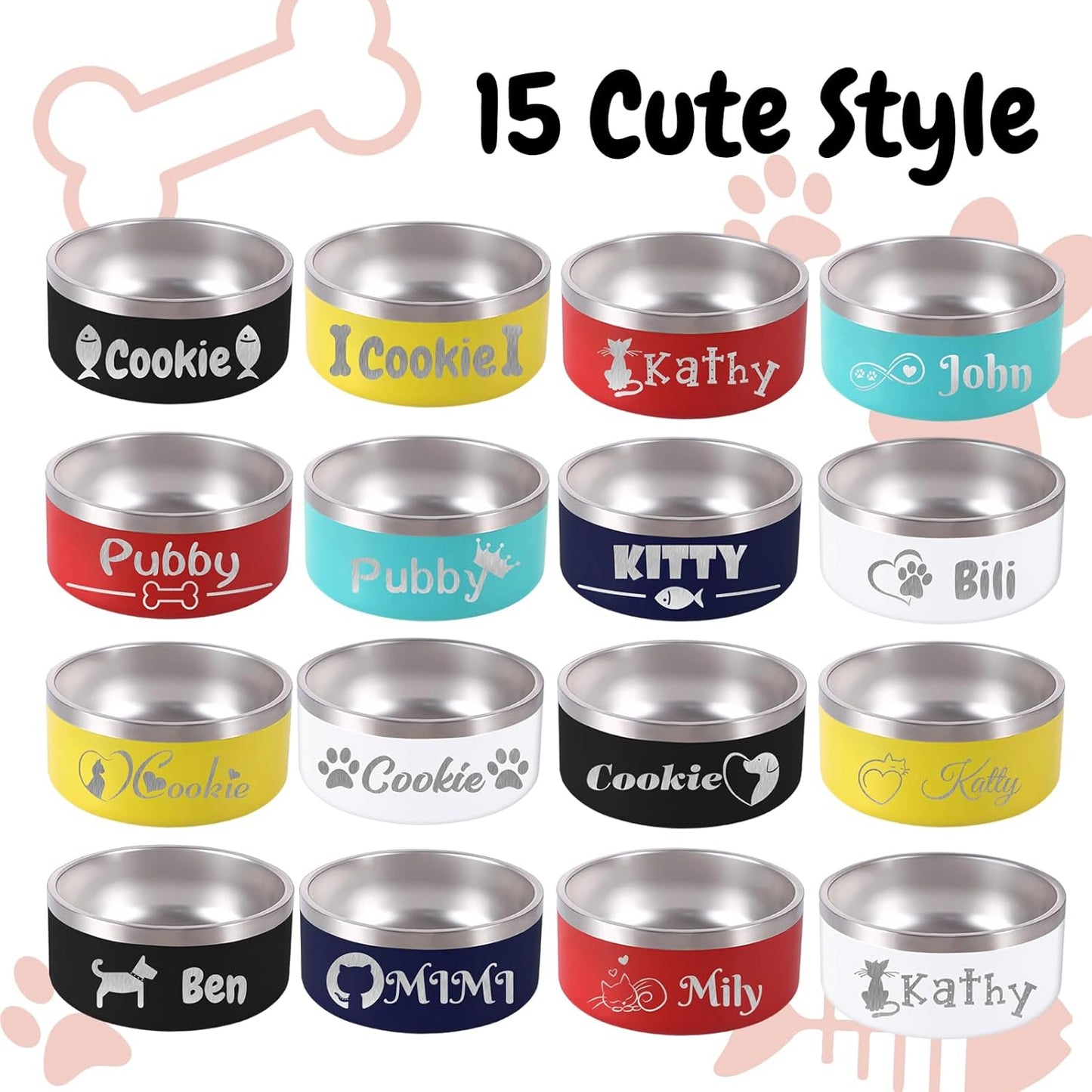 32OZ Personalized Dog Bowl Laser Engraved Custom Pet Name 18/32/42/64 oz No Slip Stainless Steel Insulated Bite-Resistant Food Water Dishes-White