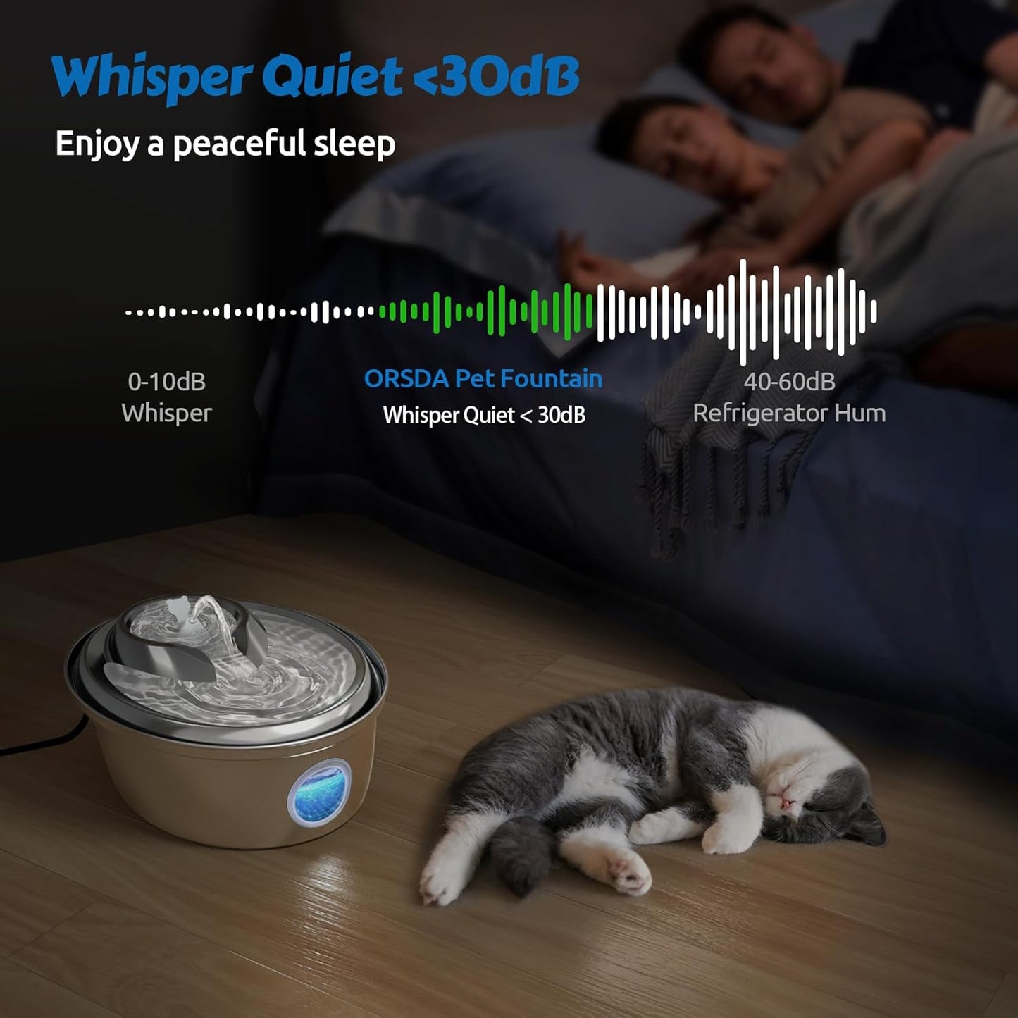 ORSDA Stainless Steel Cat Water Fountain, 100oz/3L Automatic Pet Drinking Fountain, Dog Water Dispenser Bowl with LED Window for Cats and Small & Medium Dogs- 12Pcs Filters（ D66