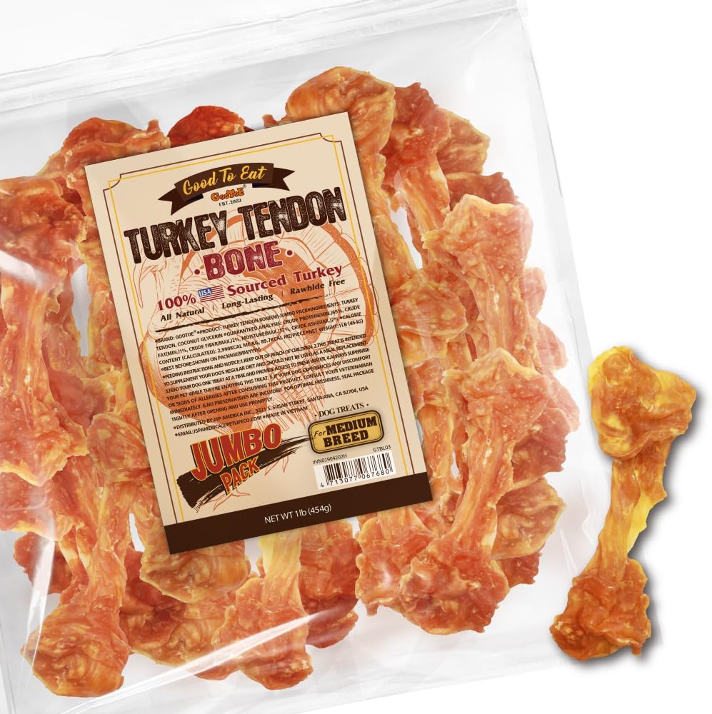 Gootoe Turkey Tendons for Dogs –All-Natural, Hypoallergenic Dog Treats, Rawhide Alternative, Long Lasting Puppy Chews, Healthy Dog Treats for Medium Breeds, Bone (M), 16 oz Pack (1 lb)