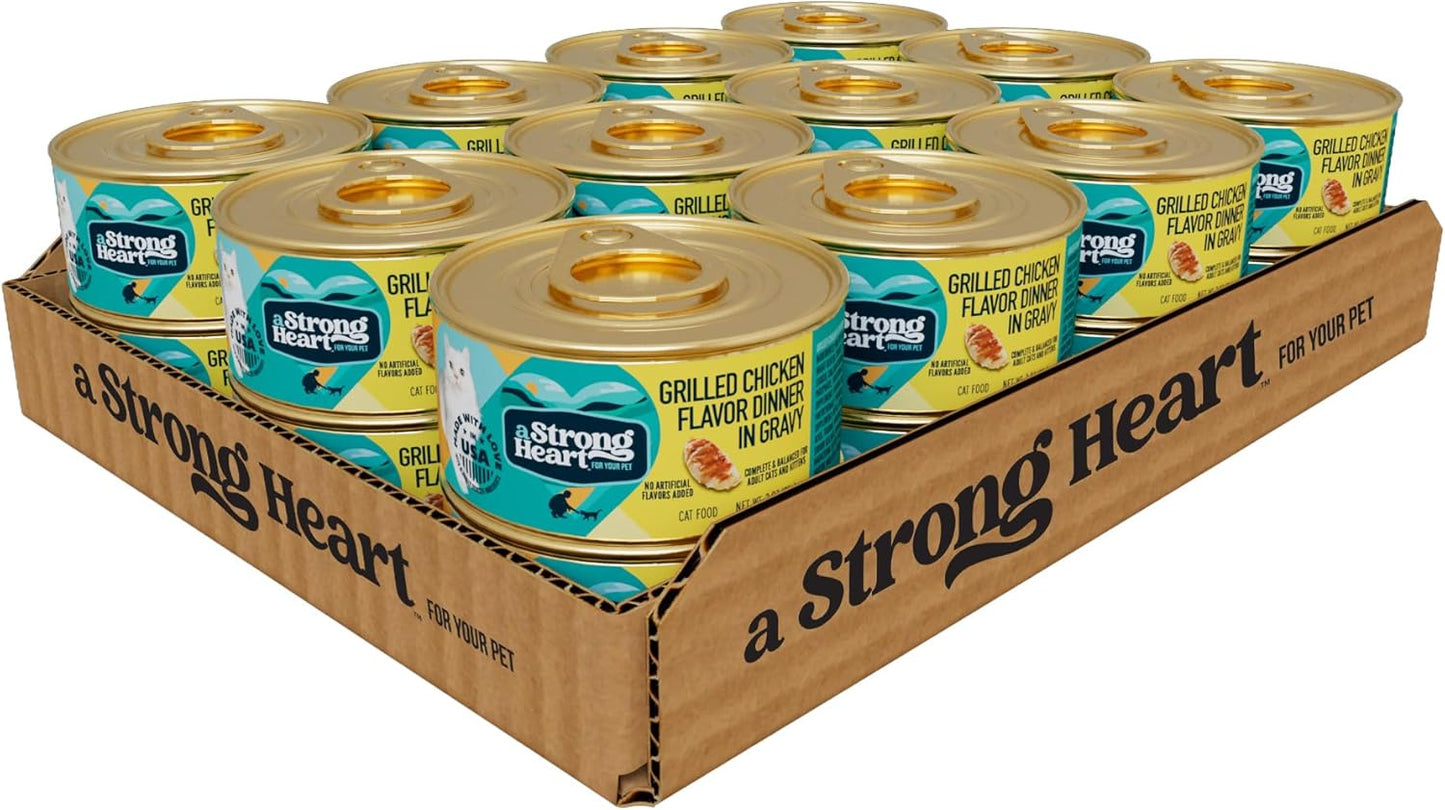A Strong Heart Canned Wet Cat Food, Grilled Chicken Flavor in Gravy - 3 oz Cans (Pack of 24), Made in The USA with Pieces of Real Grilled Chicken