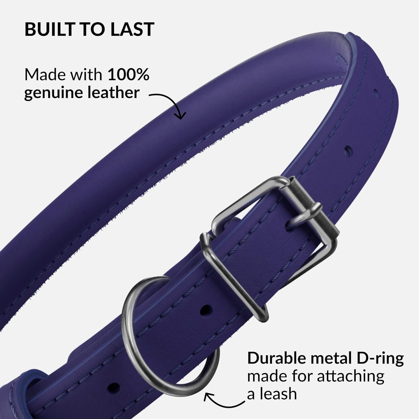 CollarDirect Rolled Leather Dog Collar, Soft Padded Round Puppy Collar, Handmade Genuine Leather Collar Dog Small Large Cat Collars 13 Colors (15-19 Inch, Purple Smooth)
