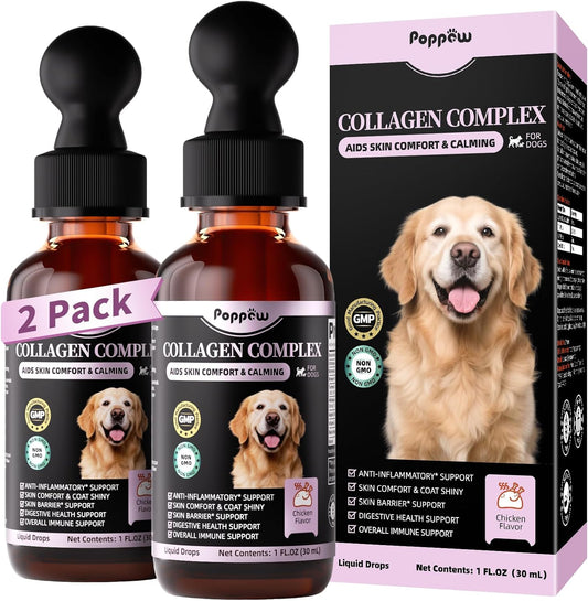 Liquid Collagen for Dogs Skin Comfort & Calming, Dog Itch Relief & Anti-Scratching & Coat Supplement with Biotin for Skin Barrier & Sensitive Immune Health Support - Chicken Flavor, 2 FL.Oz