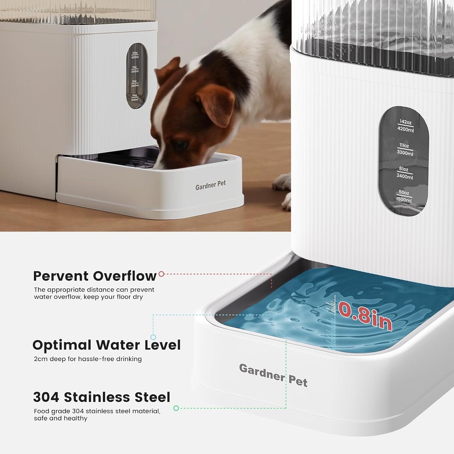 Gardner Pet Automatic Dog Water Dispenser Gravity Waterer with Stainless Steel Bowl Water Dispenser 8.5L Large Capacity Water Feeder for Dogs Cats Pets, BPA-Free Noise-Free (White, 8.5L)