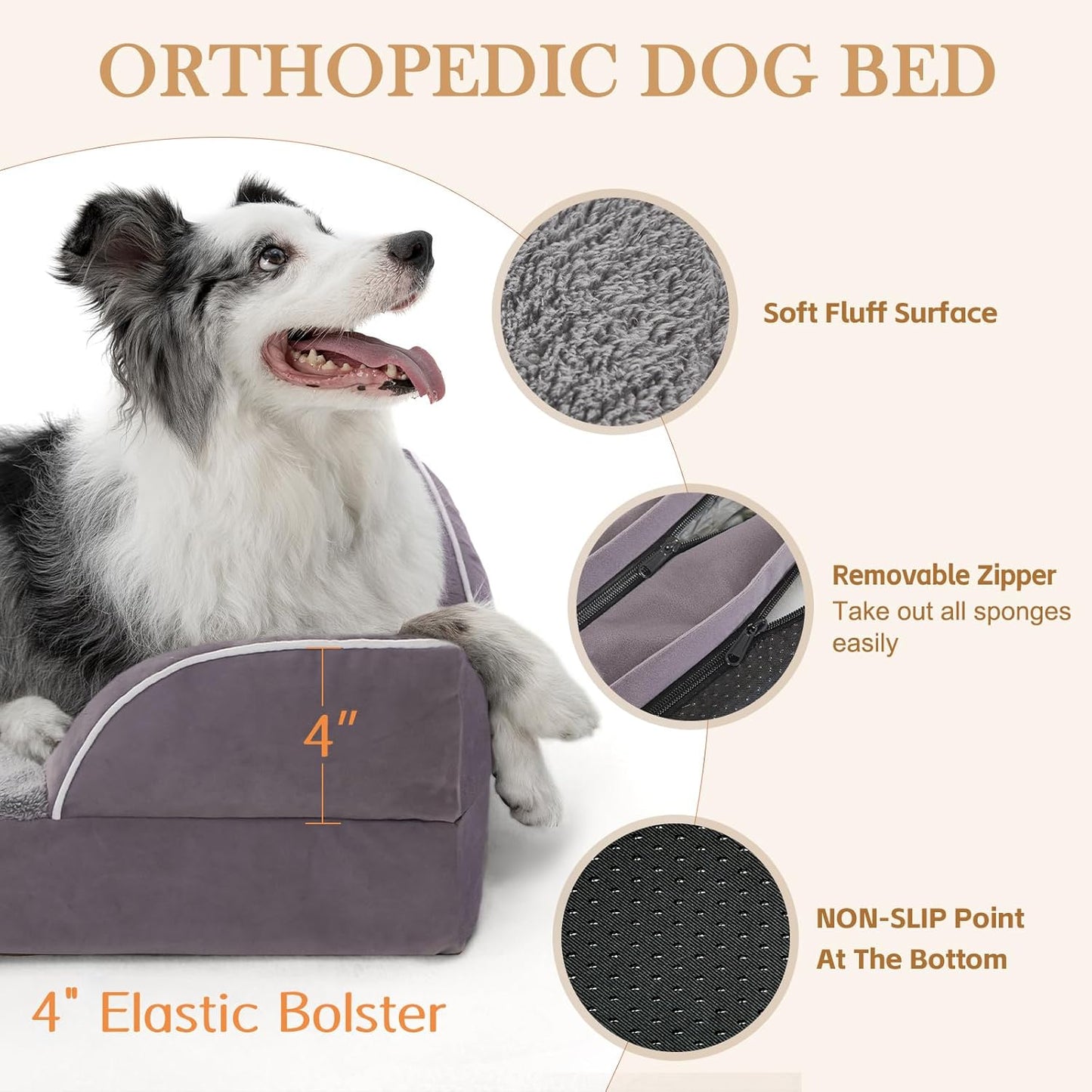 Comfort Expression Large Dog Beds Waterproof Orthopedic Foam Dog Sofa Beds Comfy Pet Bed with Washable Removable Cover & Non-Slip Bottom(Large,Purple)