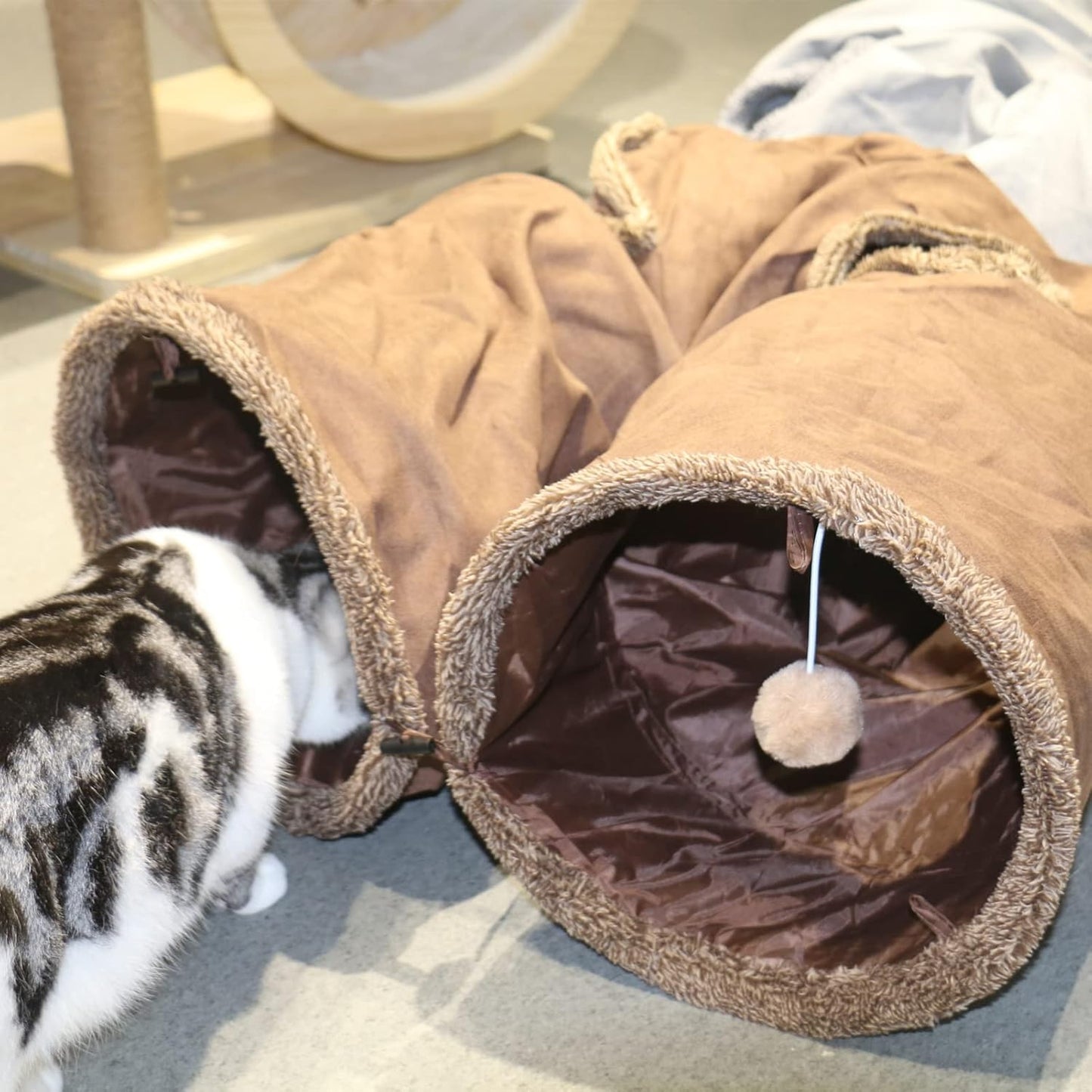 Cat Tunnel for Indoor Cats, 51×12 inch Foldable Big Cat Tunnel, Brown Suede Pet Tunnels with Two Peepholes and a Bubble Ball