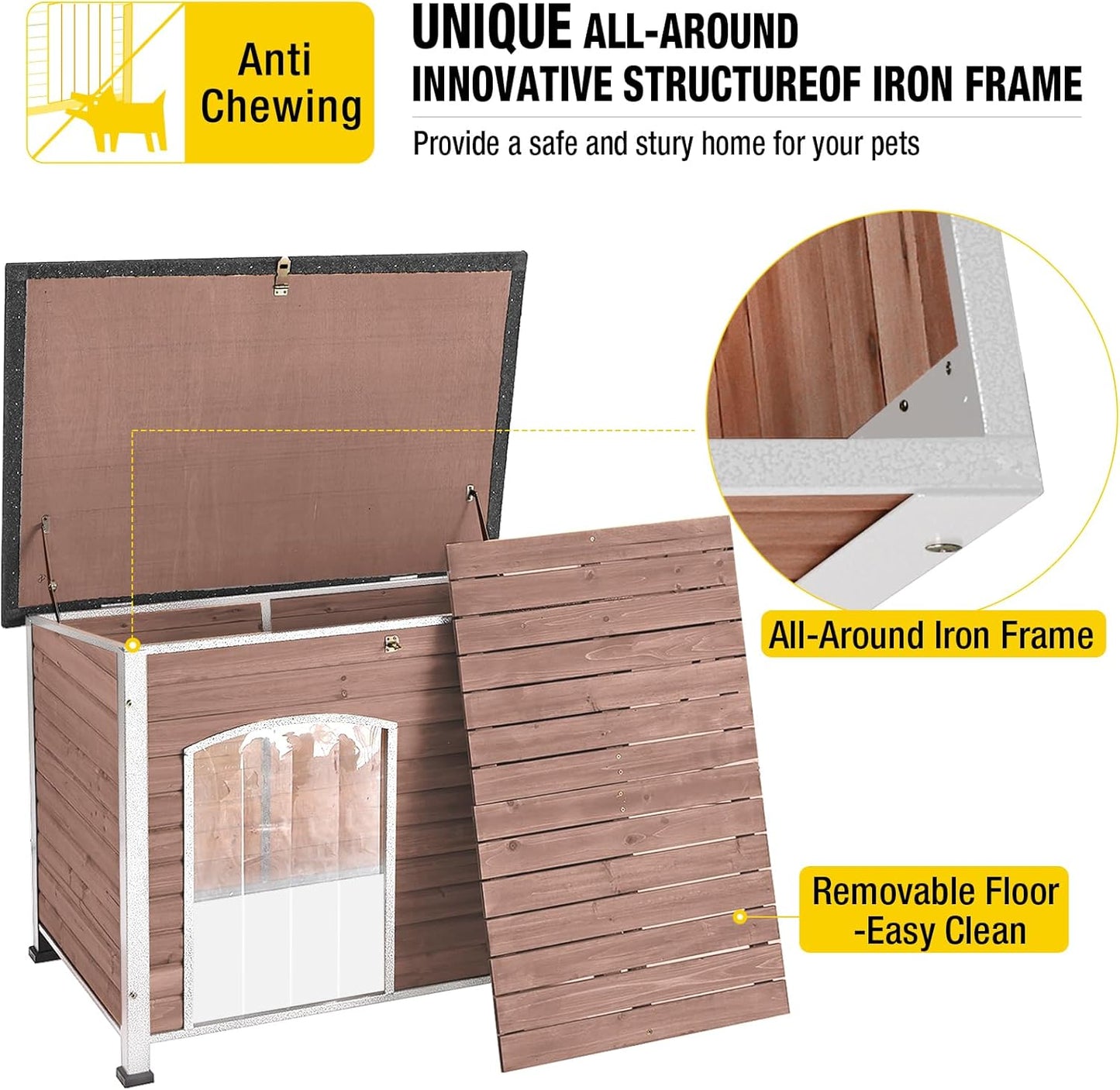 Dog House Outdoor & Indoor Wooden Dog Kennel for Winter with Raised Feet Weatherproof for Small & Medium & Large Dogs,Unique All-Around Iron Frame，Light Brown