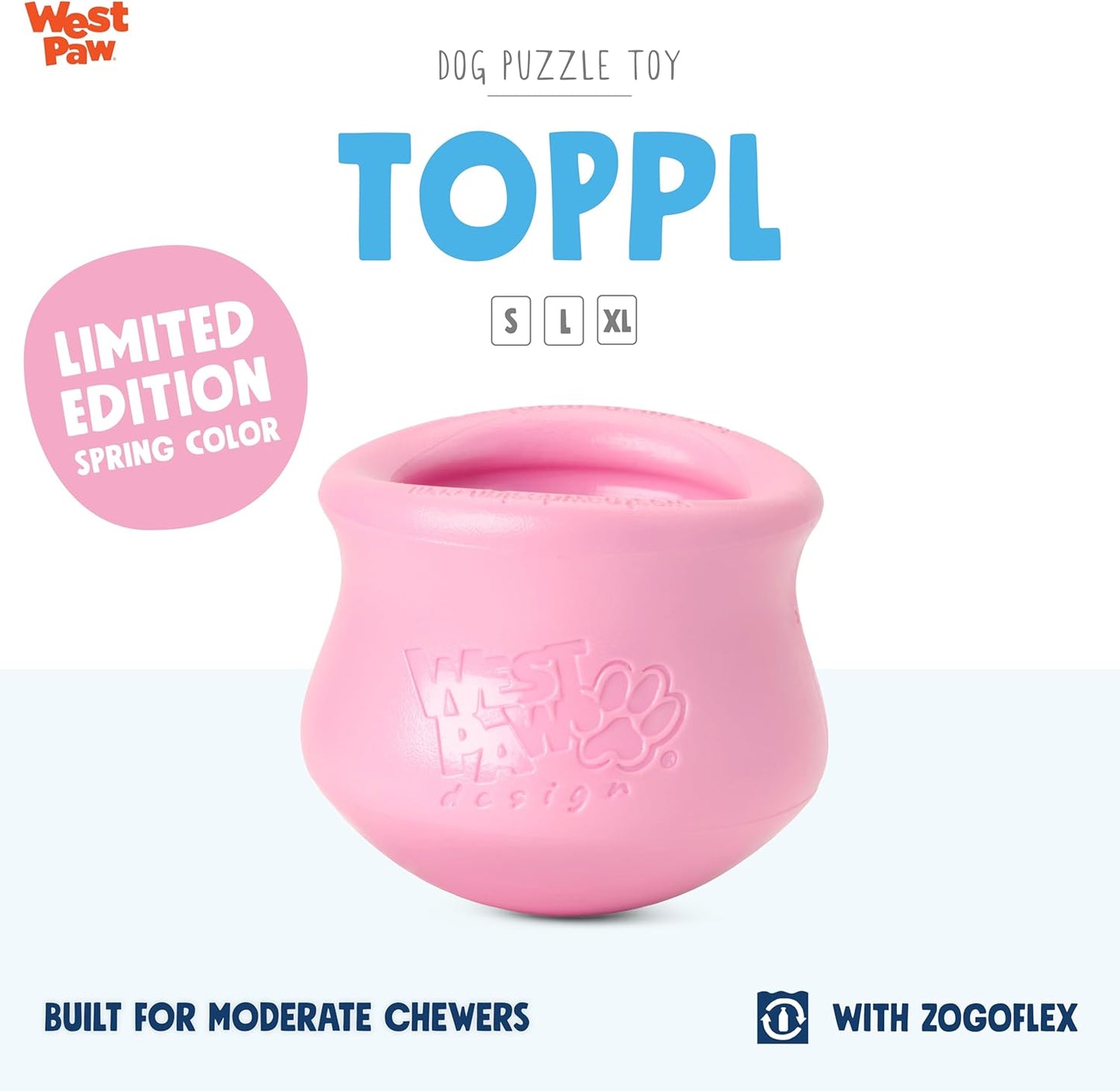 WEST PAW Zogoflex Limited Edition Toppl Treat Dispensing Dog Toy Puzzle – Interactive Chew Toys for Dogs – Dog Toy for Moderate Chewers, Fetch, Catch – Holds Kibble, Treats, Small 3", Bubblegum