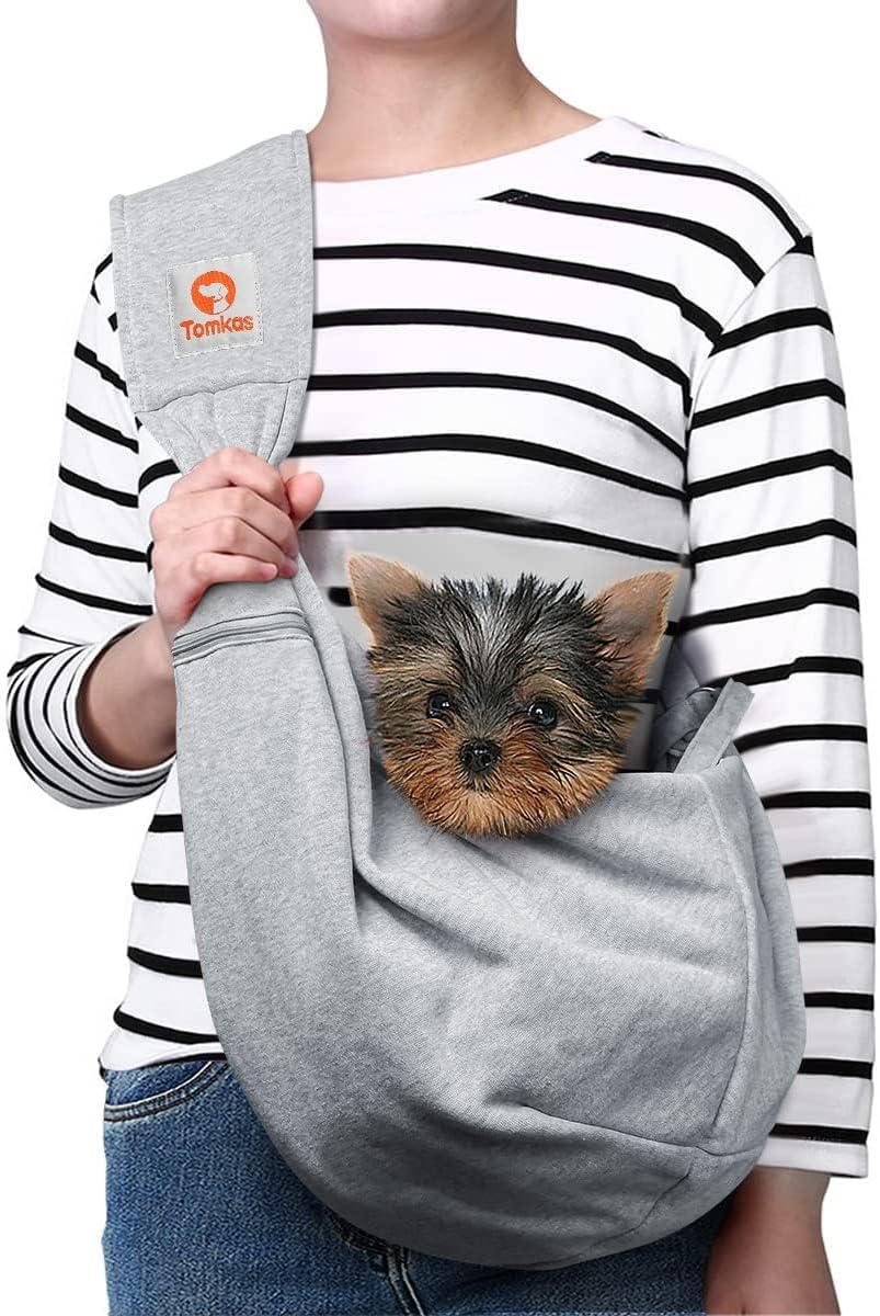 Tomkas Small Dog Sling Carrier - Zipper Pocket & Adjustable Strap - for 3-10 lbs Pets(Grey)