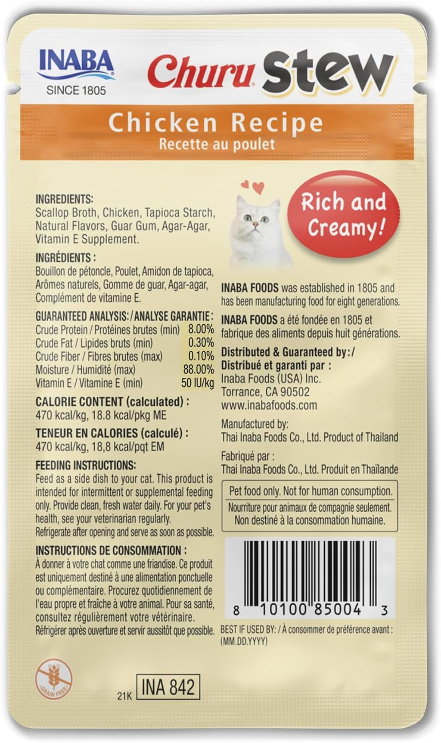 INABA Churu Stew for Cats, Creamy Broth Gelée with Shredded Chicken Topper/Treat Pouch with Vitamin E, 1.4 Ounces per Pouch, 12 Pouches, Chicken Recipe