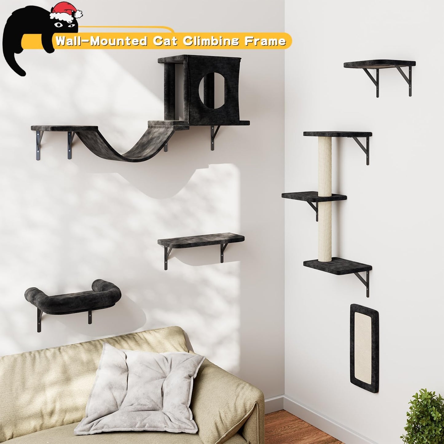 NUNU LAB Wall Mounted Cat Furniture, 6 Pcs Cat Wall Shelves with Condo House, Bridge, Steps, Scratcher, Hammock, Indoor Safe & Stable Furniture for Kittens Play, Black