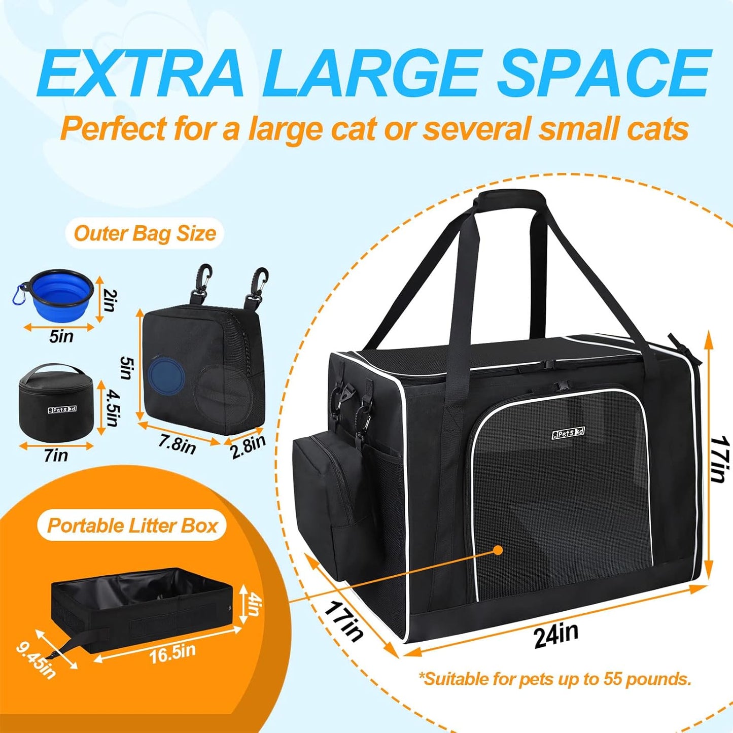 Petskd Extra Large Cat Carrier with Litter Box 24"x17"x17" for Medium Large Cat or 2 Small Cats, Collapsible Soft Sided Pet Carrier for Car Travel with Lockable Safety Zippers(Black)