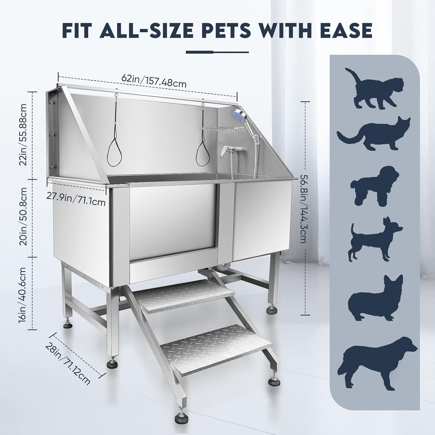 Dog Bathtub XL Professional 62inch Dog Washing Station Stainless Steel Pet Grooming Tub for Extra Large Dogs Wash Tub, Medium, Small Dogs Cats with Left Sliding Doors, Steps, Right Faucets