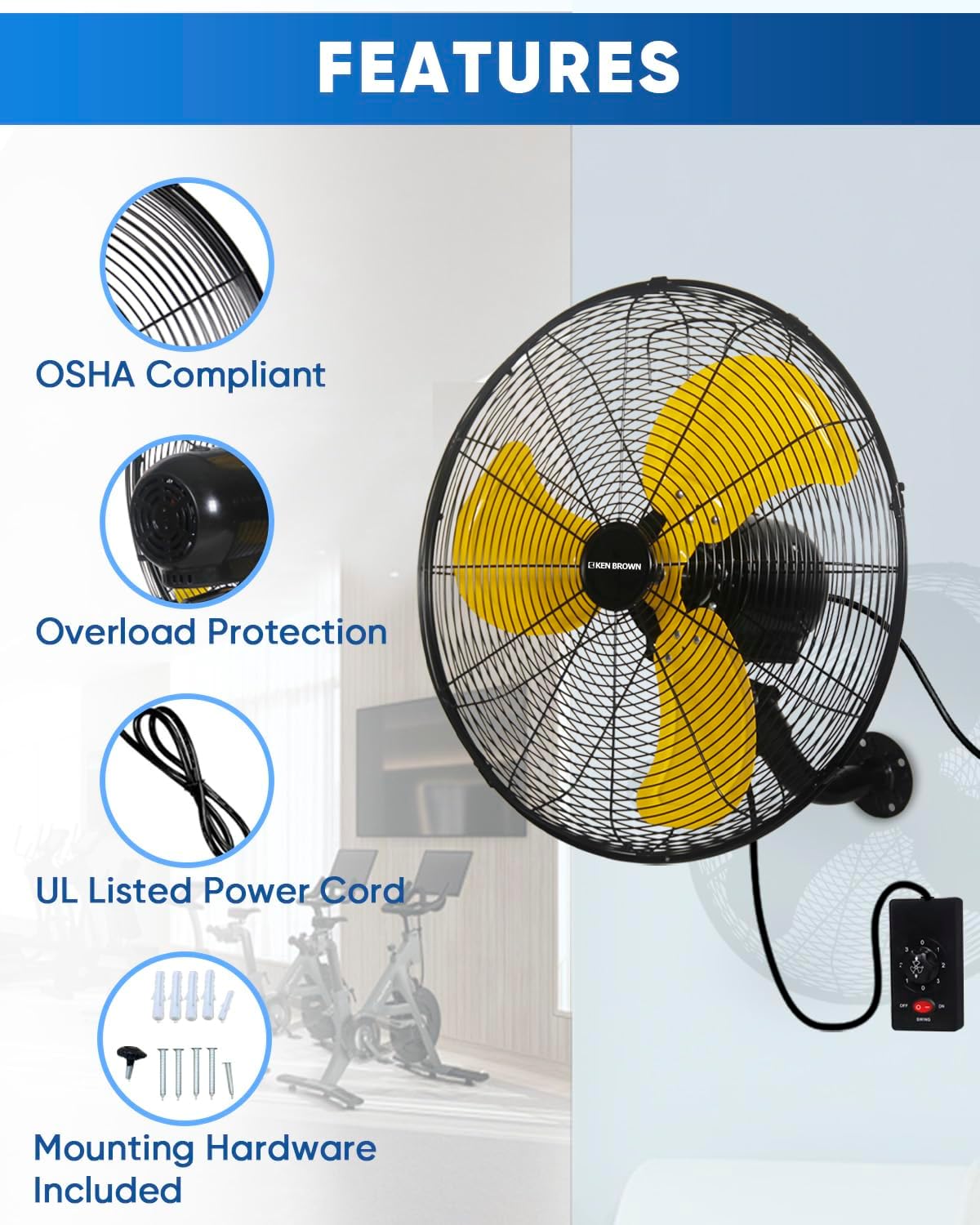 KEN BROWN 20 Inch Oscillating Wall Mount Fan, 4,460 CFM High Velocity Industrial Wall Fan for Indoor, Commercial, Residential, Warehouse, Greenhouse, Workshop, Basemen