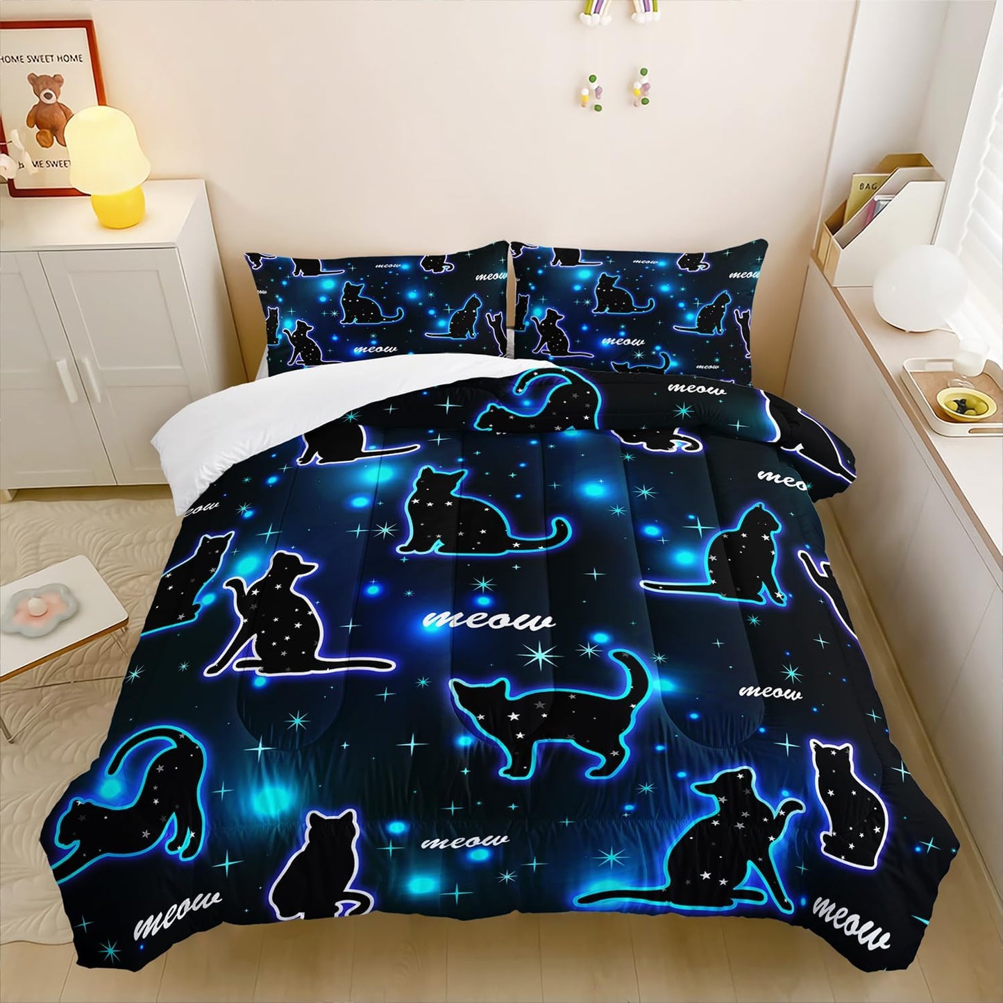 Kawaii Pet Cat Comforter 3Pcs Queen Gradient Line Cute Kitten Animal Bedding Set for Kids Teens Girls Boys Cat Glitter Polka Dots Pattern Quilt Bed Decor with 1 Comforter and 2 Pillowcases