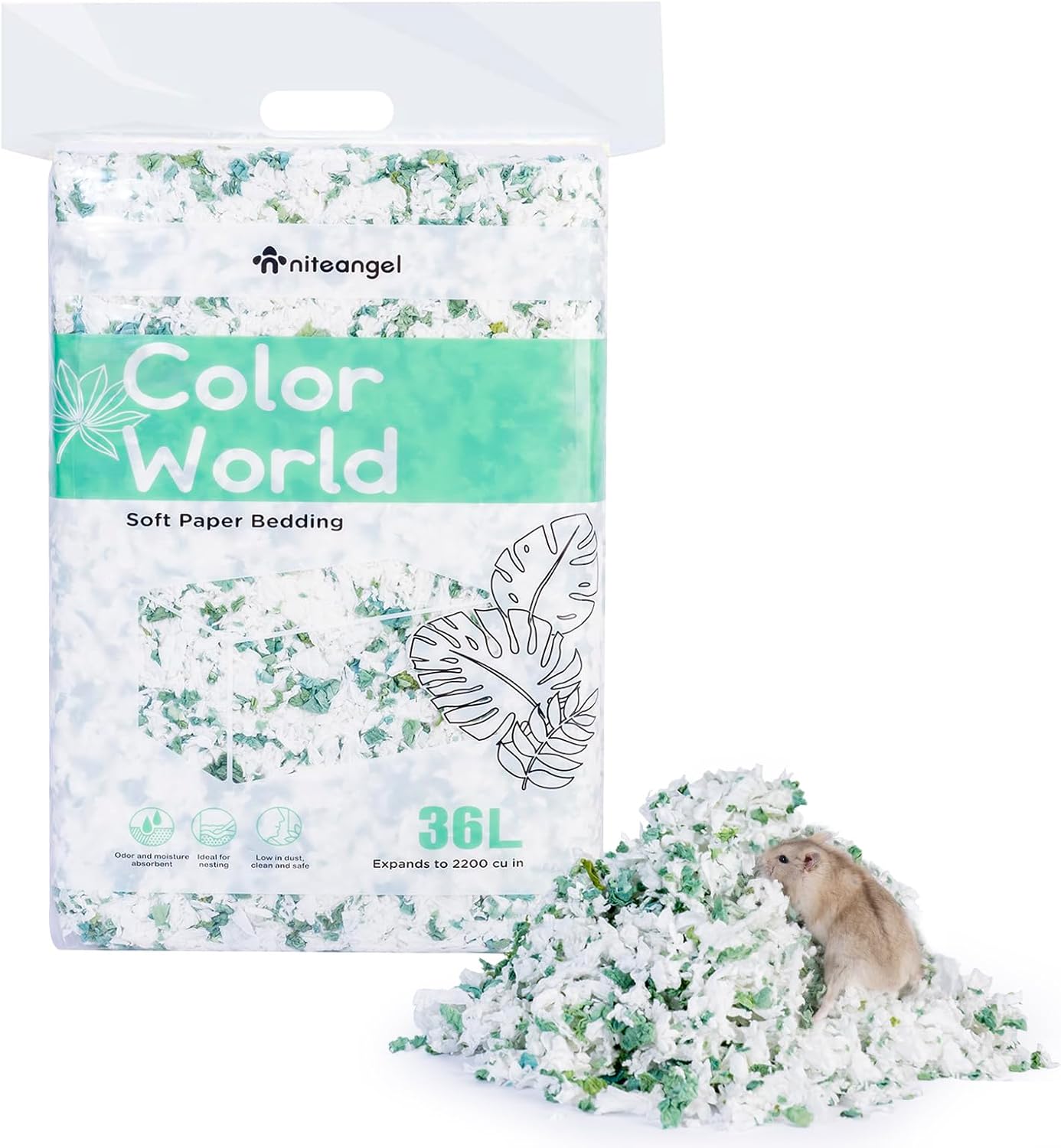 Niteangel Aspen Shaving Hamster Beddings for Syrian Dwarf Hamster Gerbil Mice Degu Rat Rabbit Bunny Guinea Pig Chinchilla Hedgehog or Other Small Pets (36L - White/Green Paper Bedding)
