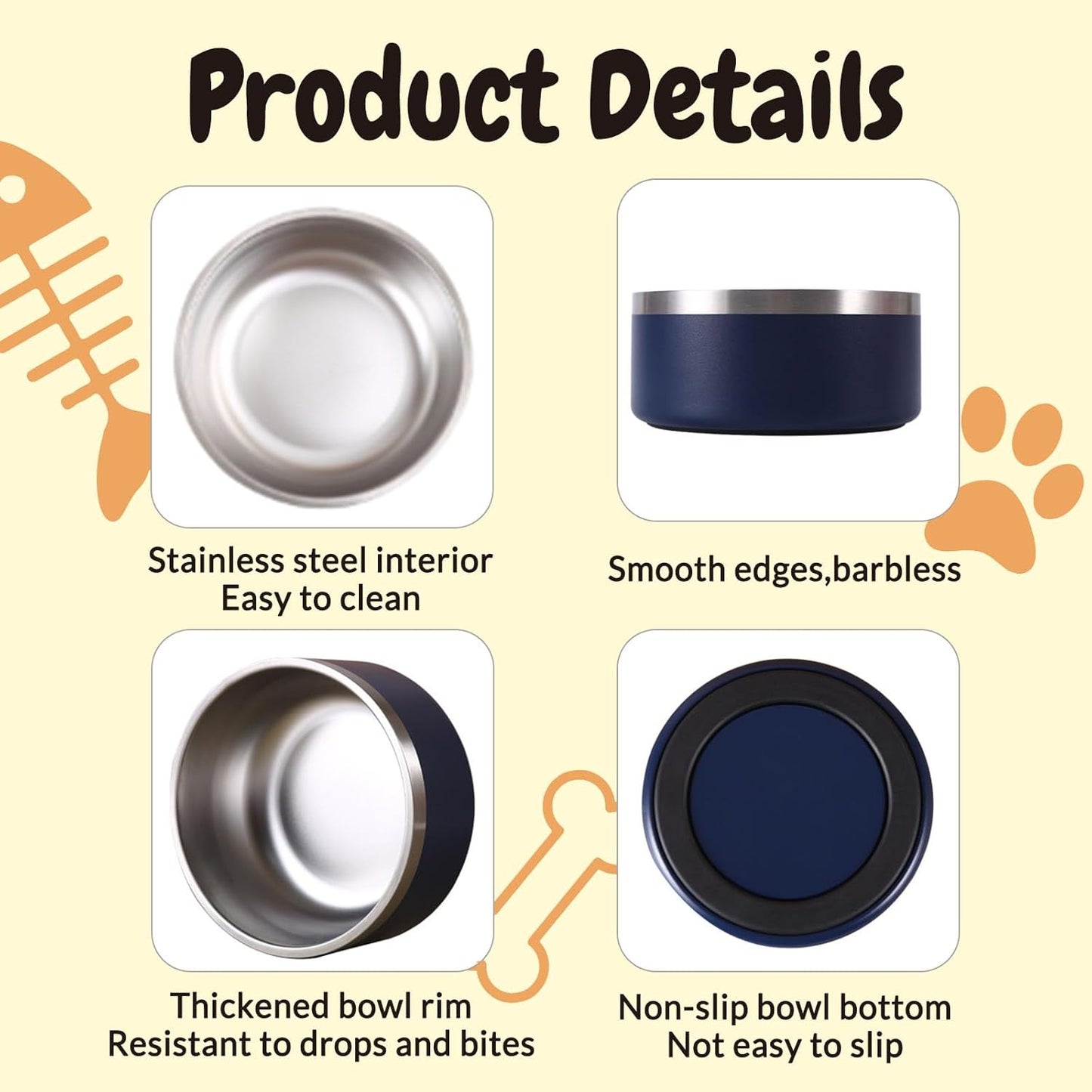 64OZ Personalized Dog Bowl Laser Engraved Custom Pet Name 18/32/42/64 oz No Slip Stainless Steel Insulated Bite-Resistant Food Water Dishes-Black