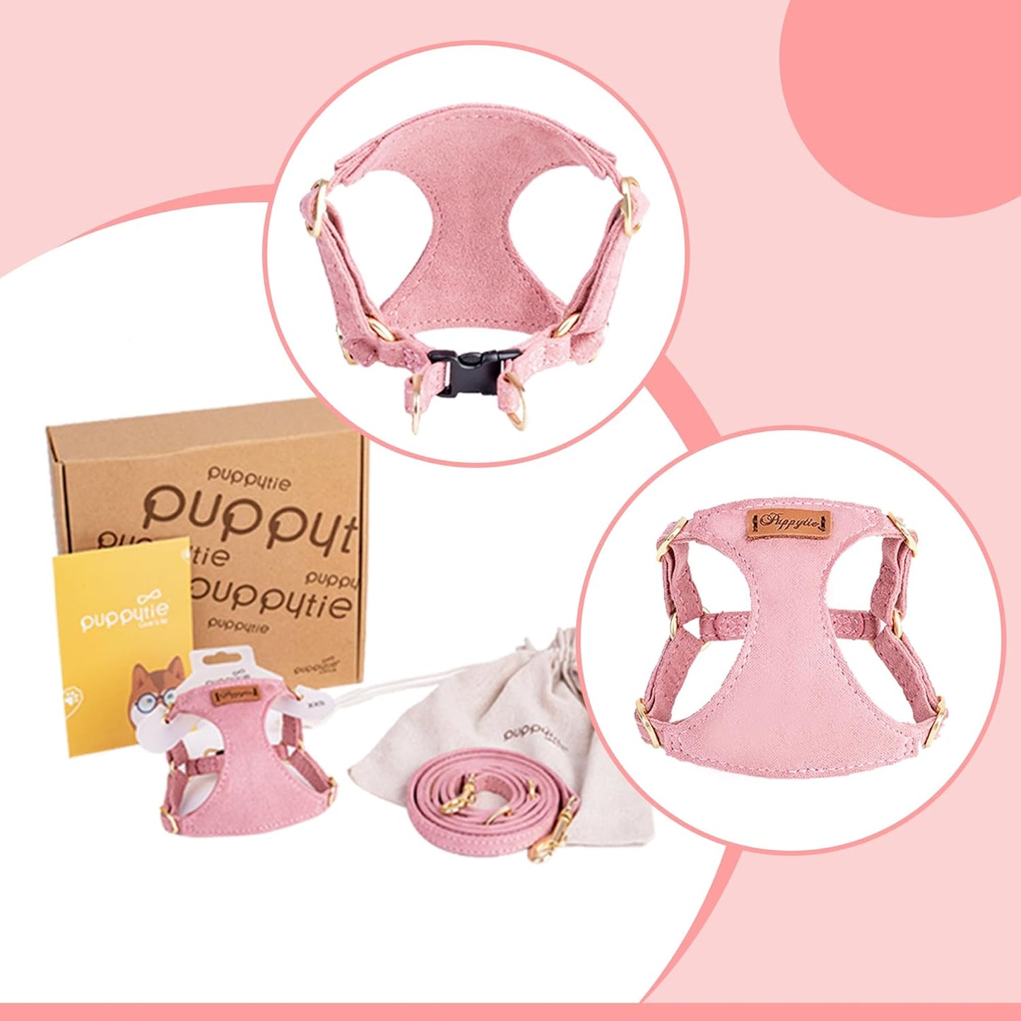 Puppytie No Pull Dog Harness with Multifunction Dog Leash,Soft Adjustable No Choke Escape Proof Pet Harness Vest for Medium Dogs or Large Dogs,Pink,M