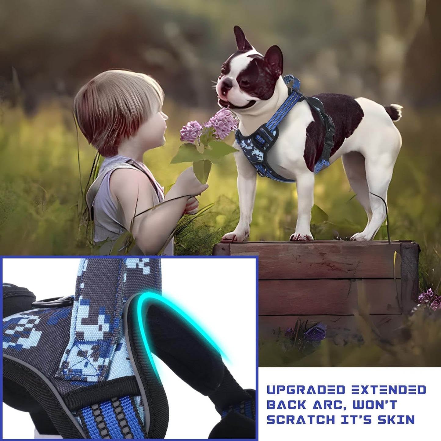 BUMBIN Dog Harness for Large Dogs, No Pull Adjustable No Choke Pet Vest with Dog Leash Fit Smart Reflective Pet Walking Harness for Training Easy Control Soft Handle Blue Camo L