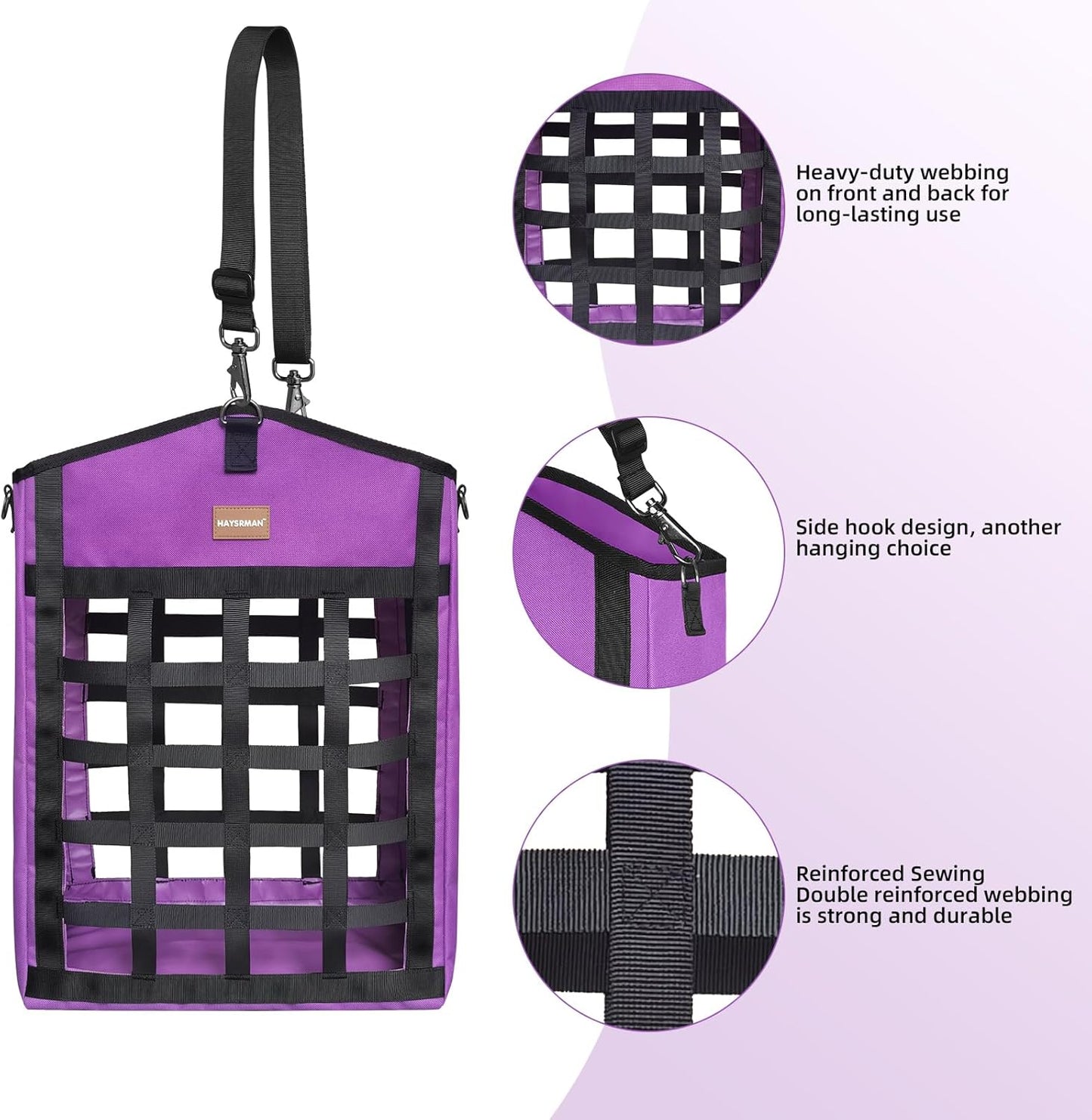 Innovative Hay Bags for Horses, Goat Hay Feeder with Reinforced Oxford Fabric and High Strength Metal Clasp,Horse Feeding Supplies with Adjustable Strap for Easy Hanging (2Purple+1Black)