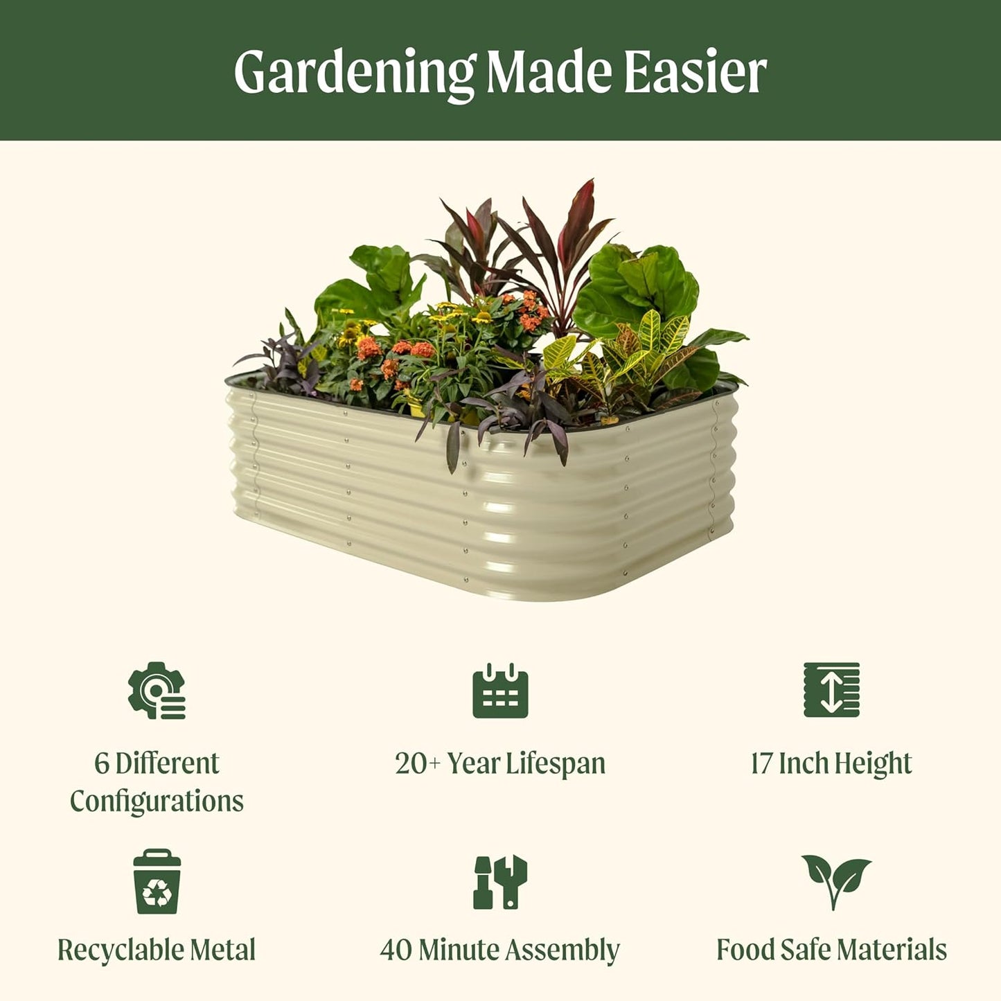 Vego garden Raised Garden Bed Kits, 17" Tall 6 in 1 Modular Metal Raised Planter Bed for Vegetables Flowers Patio Ground Planter Box-Olive Green