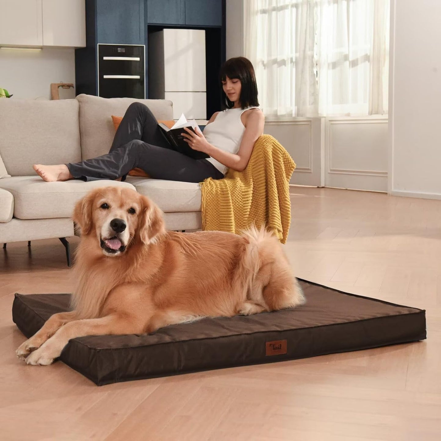 Outdoor Waterproof Dog Bed, Large Dog Bed for Large Size Dogs, Orthopedic Egg Foam Pet Bed with Washable and Removable Oxford Cover, Brown