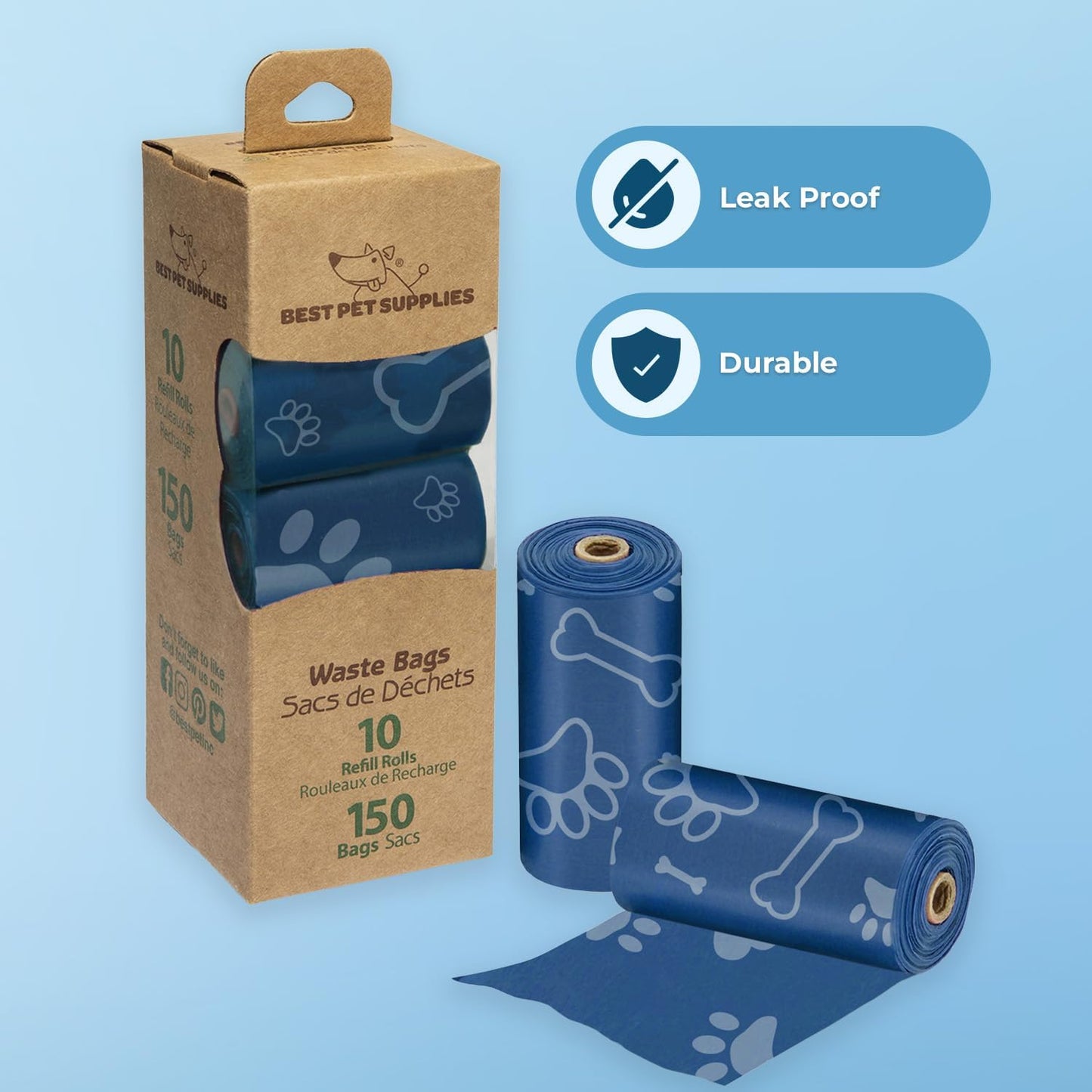 Best Pet Supplies Dog Poop Bags (150 Bags) for Waste Refuse Cleanup, Doggy Roll Replacements for Outdoor Puppy Walking and Travel, Leak Proof and Tear Resistant, Thick Plastic - Royal Blue