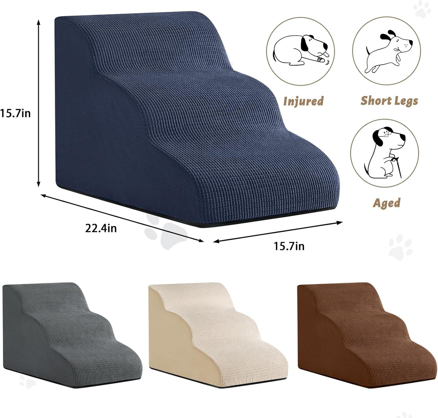 Dog Stairs and Steps for Beds Or Couches, 3-Step Pet Stairs & Steps for Small Dogs and Cats, Soft and Non-Slip Dog Ramp for Older Dogs,Pet with Joint Pain,Easy to Walk