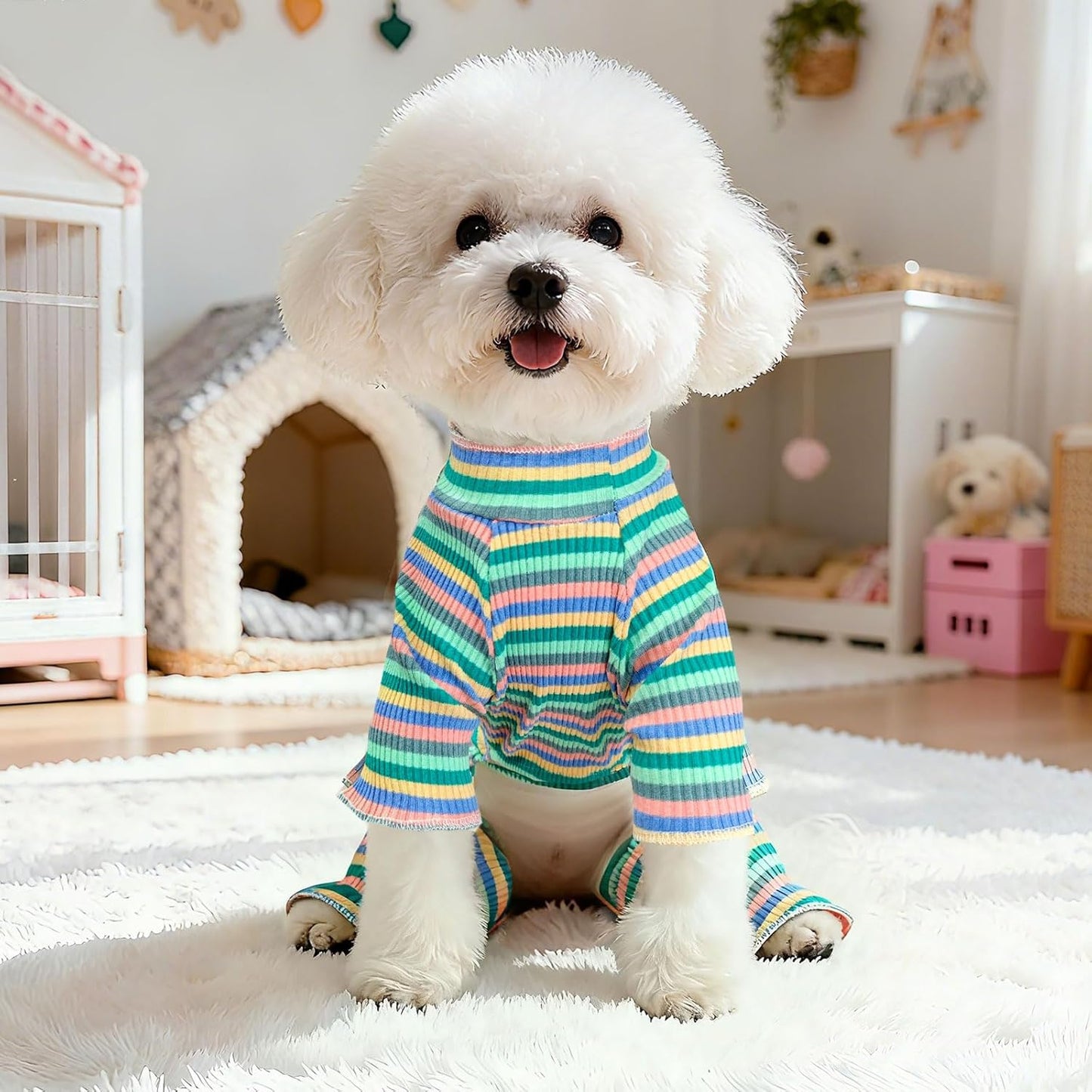 BAEJMJK Striped Dog Pajamas Stretchy Cute Four-Legged Boy Girl Dog Clothes with Sleeves Comfortable Dogs Jumpsuit Colorful Pet Puppy Outfits Apparel for Small Medium Dogs Cats(Green,X-Small)