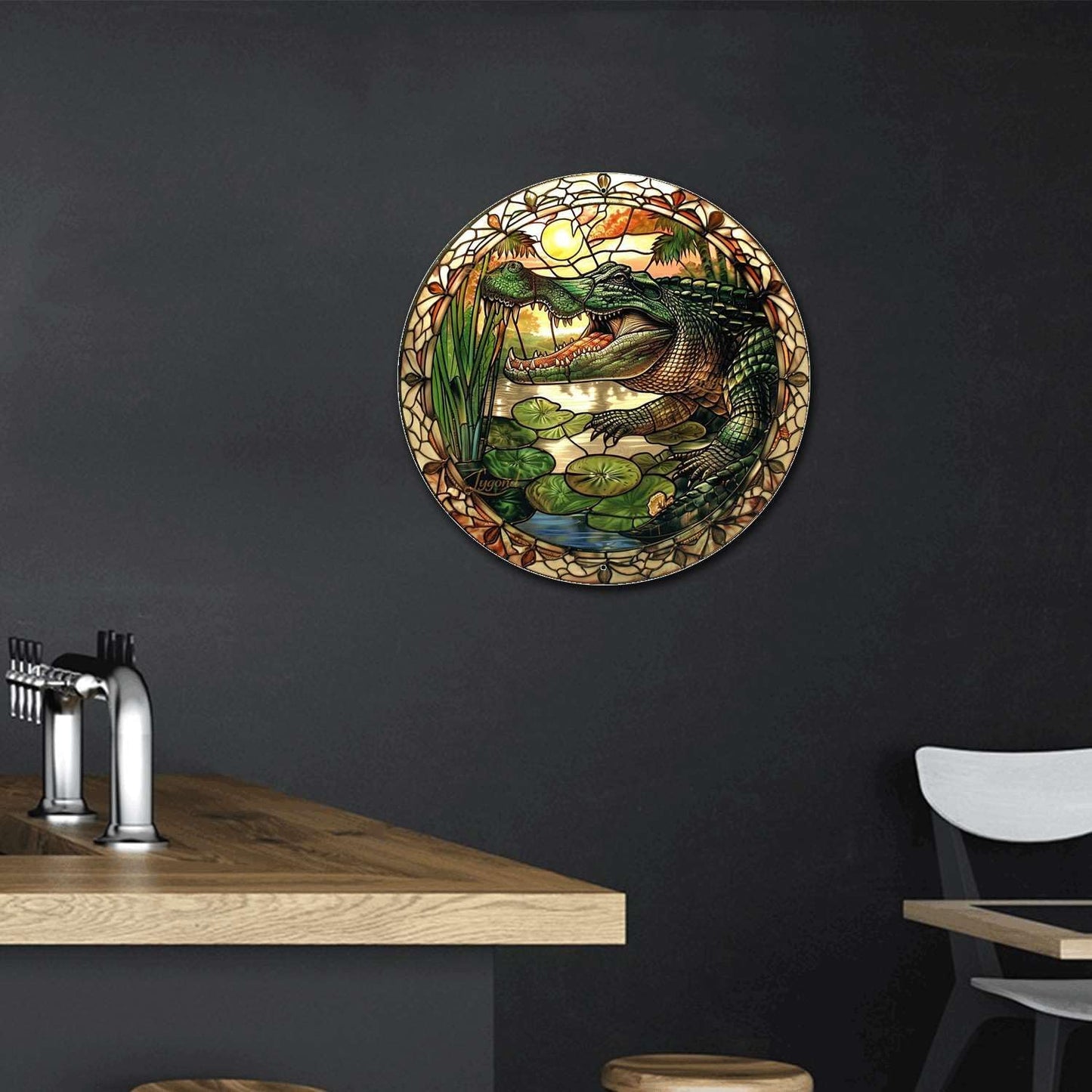 Lygond Metal Sign Tin Sign Circular Stained Glass Alligator Tin Signs for Garden for Pub 8×8 Inches