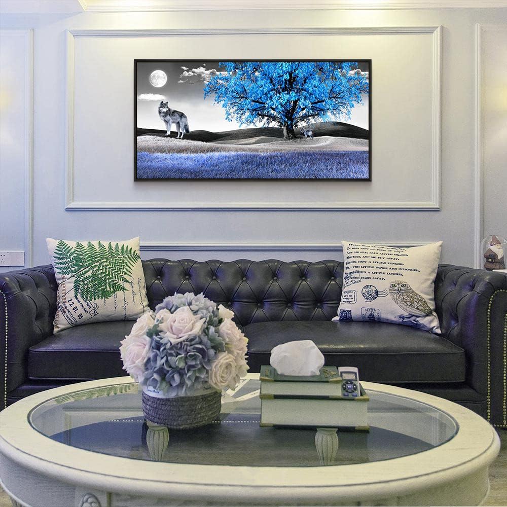 Framed Canvas Wall Art For Living Room Family Wall Decorations For Bedroom Modern Office Wall Decor Paintings Blue Tree Landscape Pictures Artwork Canvas Art Prints Home Decor Black Frame 20" X 40"