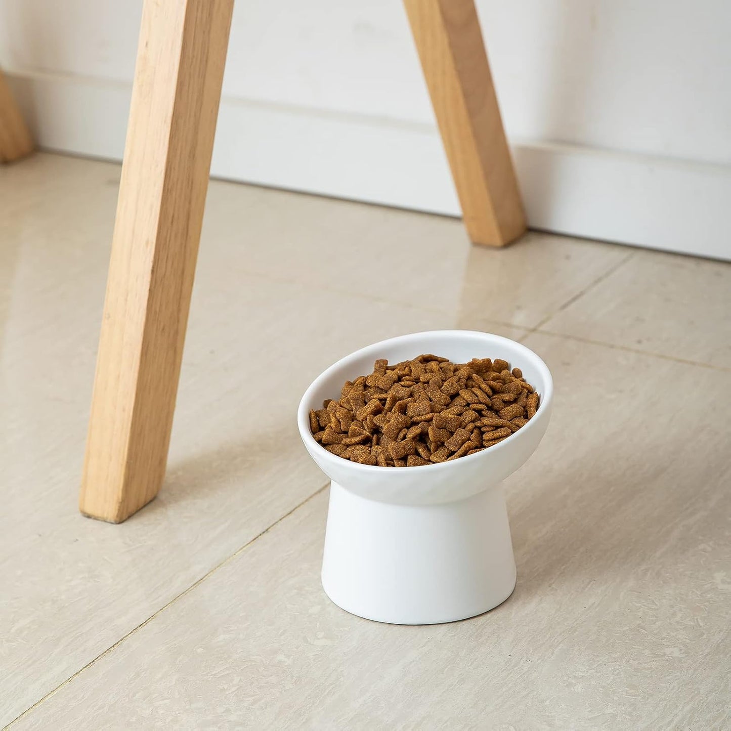 Small Ceramic Raised Cat Bowls, Tilted Elevated Food or Water Bowls, Stress Free, Backflow Prevention, Dishwasher and Microwave Safe, Lead & Cadmium Free(White)