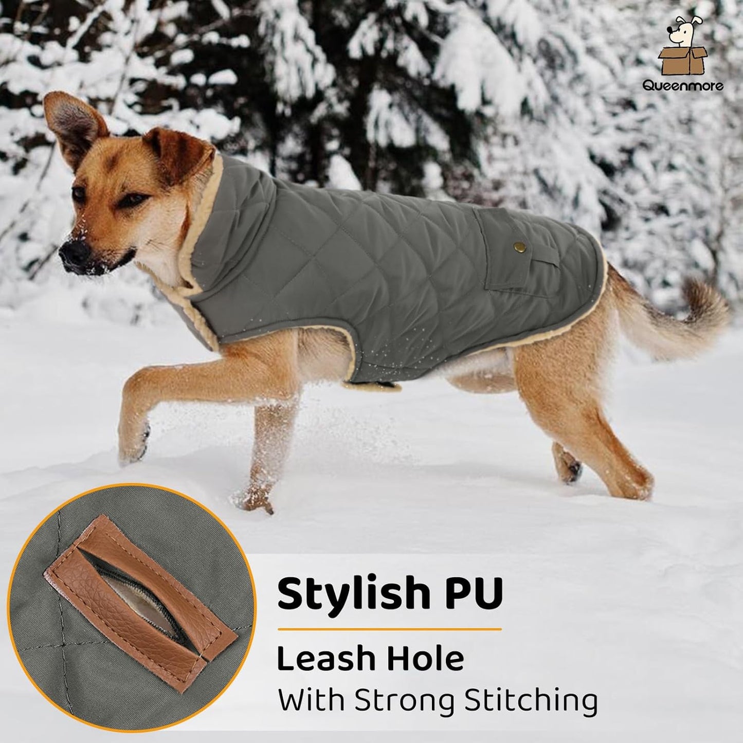 Queenmore Dog Winter Coat - Fleece Jacket, Waterproof Cold Weather Clothes, Thick Warm Cotton Padding, Easy On/Off Storage Pockets (Grey, X-Small)