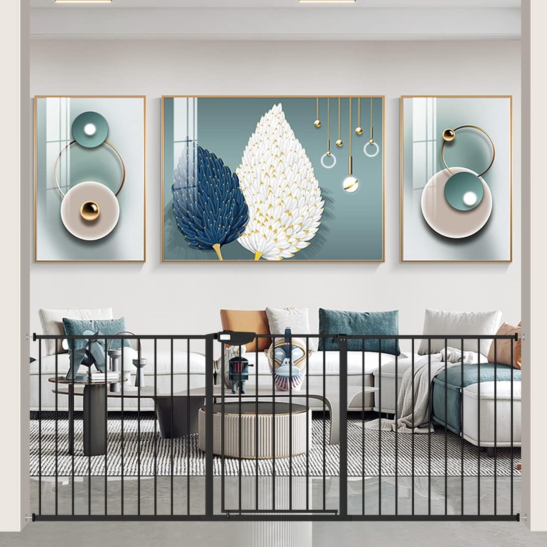 WAOWAO Triple Lock Baby Gate Extra Wide 76.77-81.49" Pressure Mounted Walk Through Swing Auto Close Safety Black Metal Dog Pet Puppy Cat for Stairs,Doorways,Kitchen