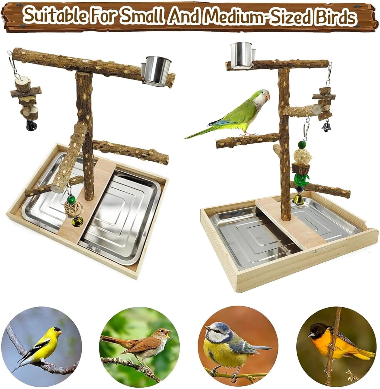 Tfwadmx Bird Perch Natural Wood Stand Toy Parrot Play Stand Platform Bird Cage with Removable Tray and 2 Stainless Steel Cups for Parakeets Canaries Cockatiels Conure Lovebirds