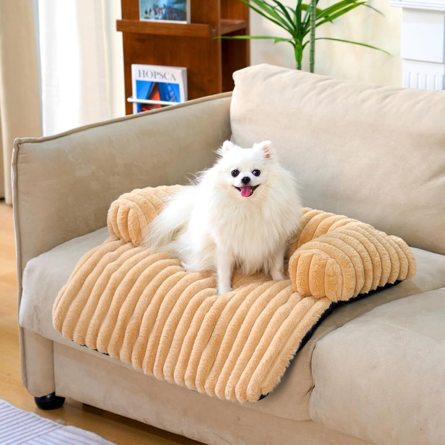 FUNNY FUZZY Pet Couch Cover for Sofa, Calming Dog Bed for Couch, Fluffy Plush Cat Bed Mat for Furniture Protector for Small Dogs and Kitten, 27×24 in, Khaki