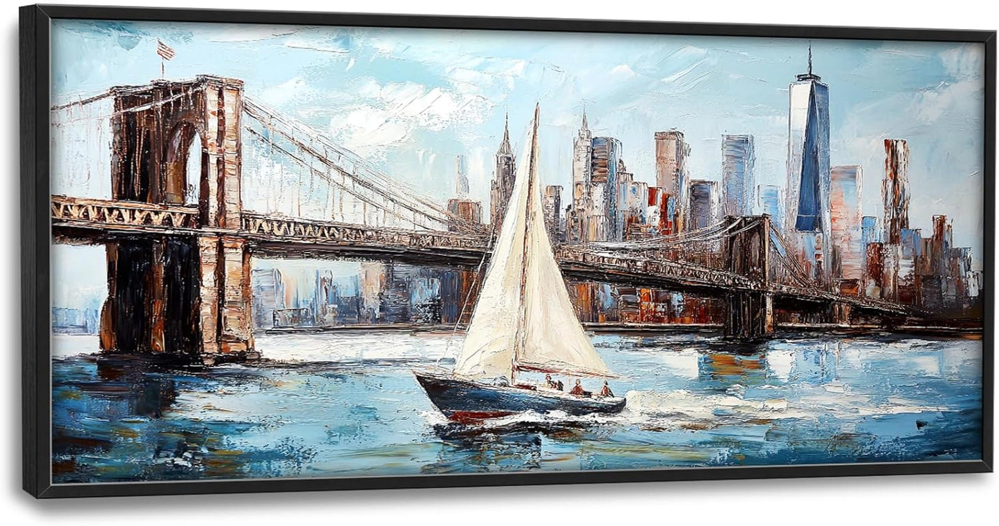 Extra Large Sailboat Framed Wall Art for Living Room,Oversized New York Brooklyn Bridge Pictures Wall Decor,Cityscape Canvas Print Painting Modern Artwork Bedroom Office Bathroom 60L" x 30W"