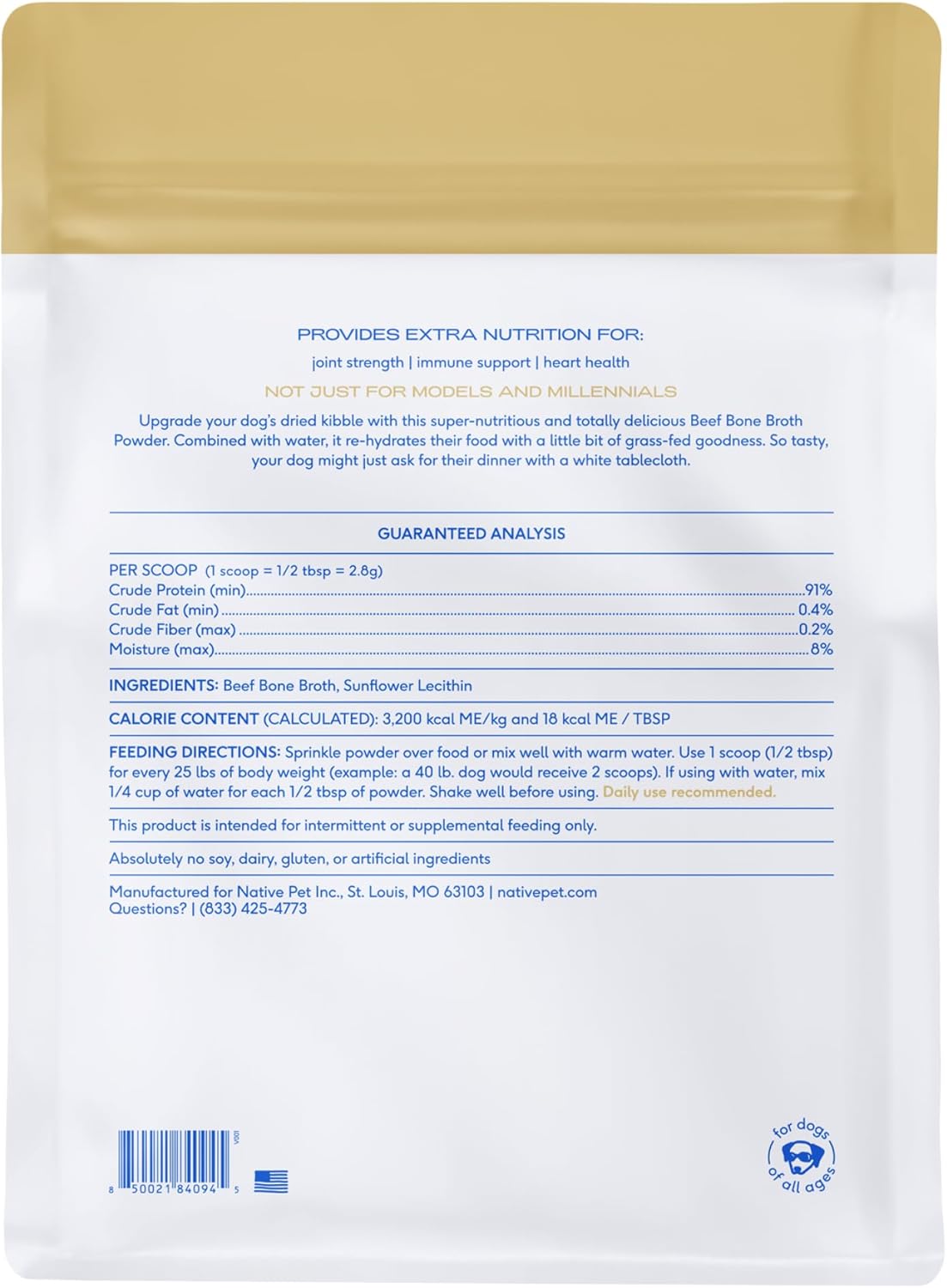Native Pet Bone Broth for Dogs and Cats - Made with Real Beef Bone Broth, Dog Food Toppers for Picky Eaters- Provides Extra Hydration & Nutrition for Joint Strength, Immunity & Heart Health-192 Scoops