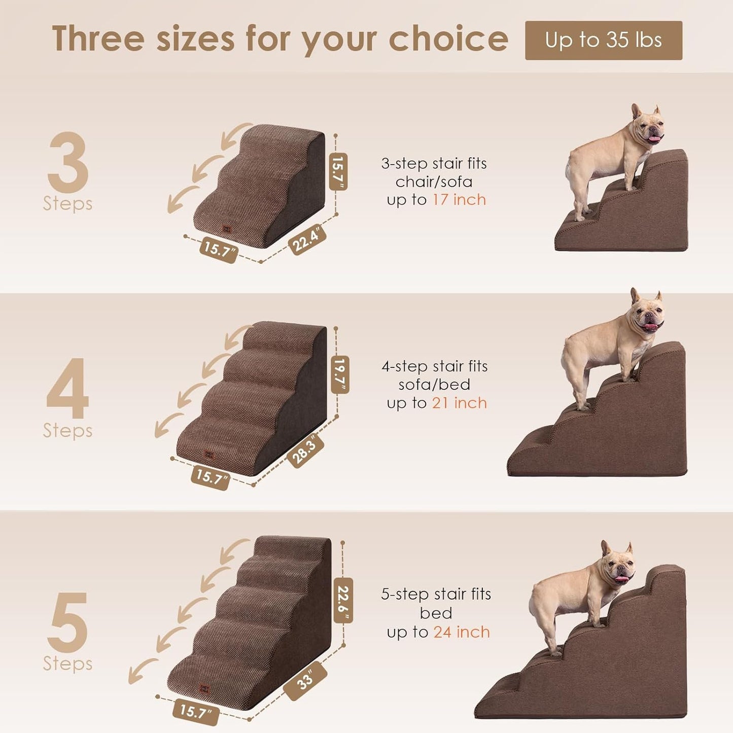 EHEYCIGA Curved Dog Stairs Ramp for High Beds 22.6" H, 5-Step Dog Steps for Small Dogs and Cats, Pet Stairs for High Bed Climbing, Non-Slip Balanced Pet Step Indoor, Brown