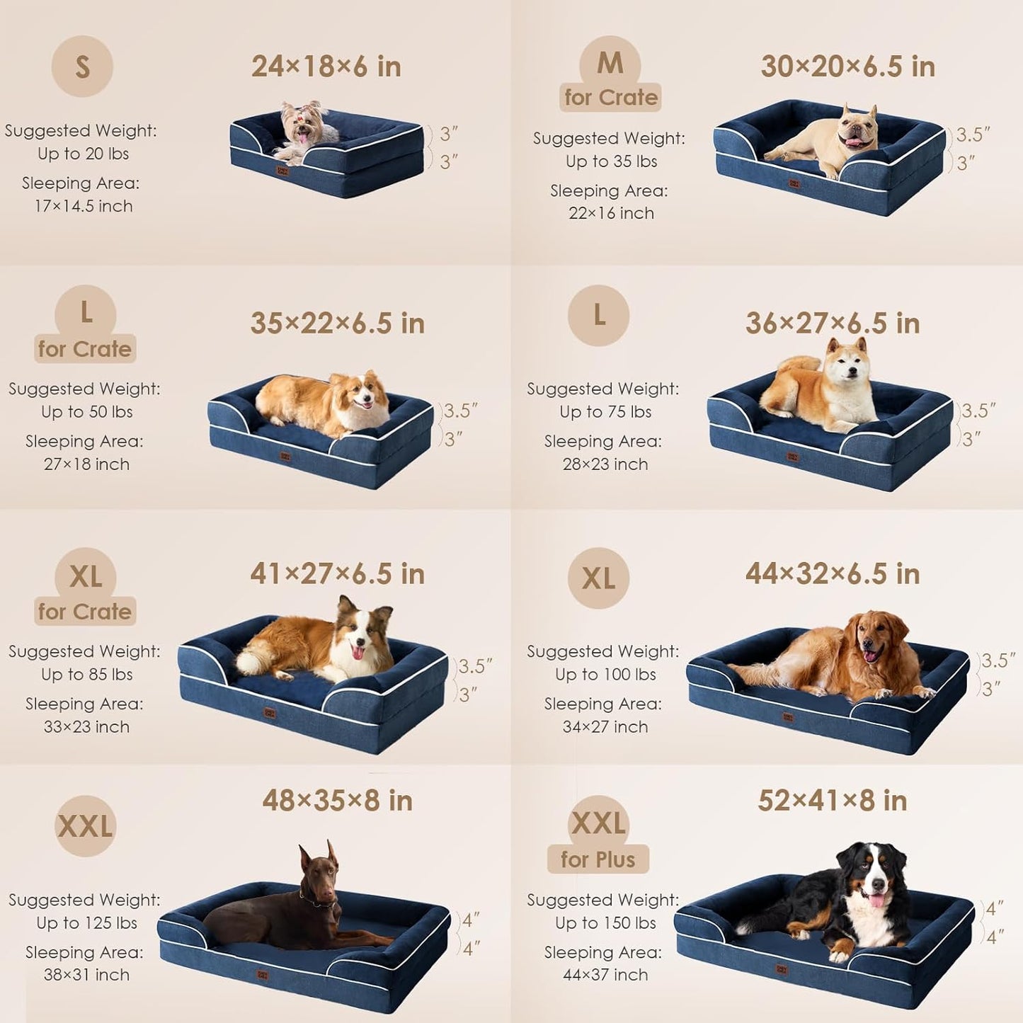 EHEYCIGA Egg-Crate Memory Foam Dog Bed, Waterproof, Navy, Large 41 x 27 x 6.5 inches, 100 lbs Capacity