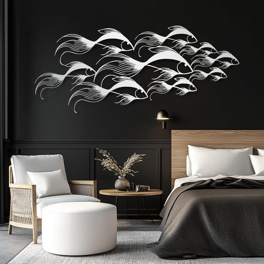 School of Fish Metal Wall Art, Metal Fish Wall Decor, Sea Life Wall Art, Large Nautical Wall Hanging, Modern Beach House Wall Decor, Ocean Themed Artwork for Bathroom (Silver, 59"x25" | 150x64cm)