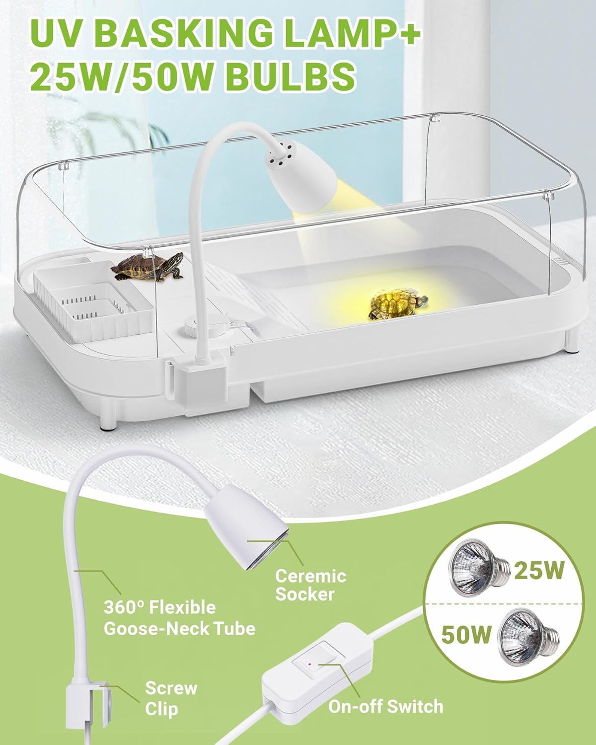 Large Turtle Tank Kit with Lamp and Filter, Acrylic Turtle Tank Starter Kit, Tank Aquarium with Heightened and Curved Fences, Bottom Drainage, Multi-Function Areas