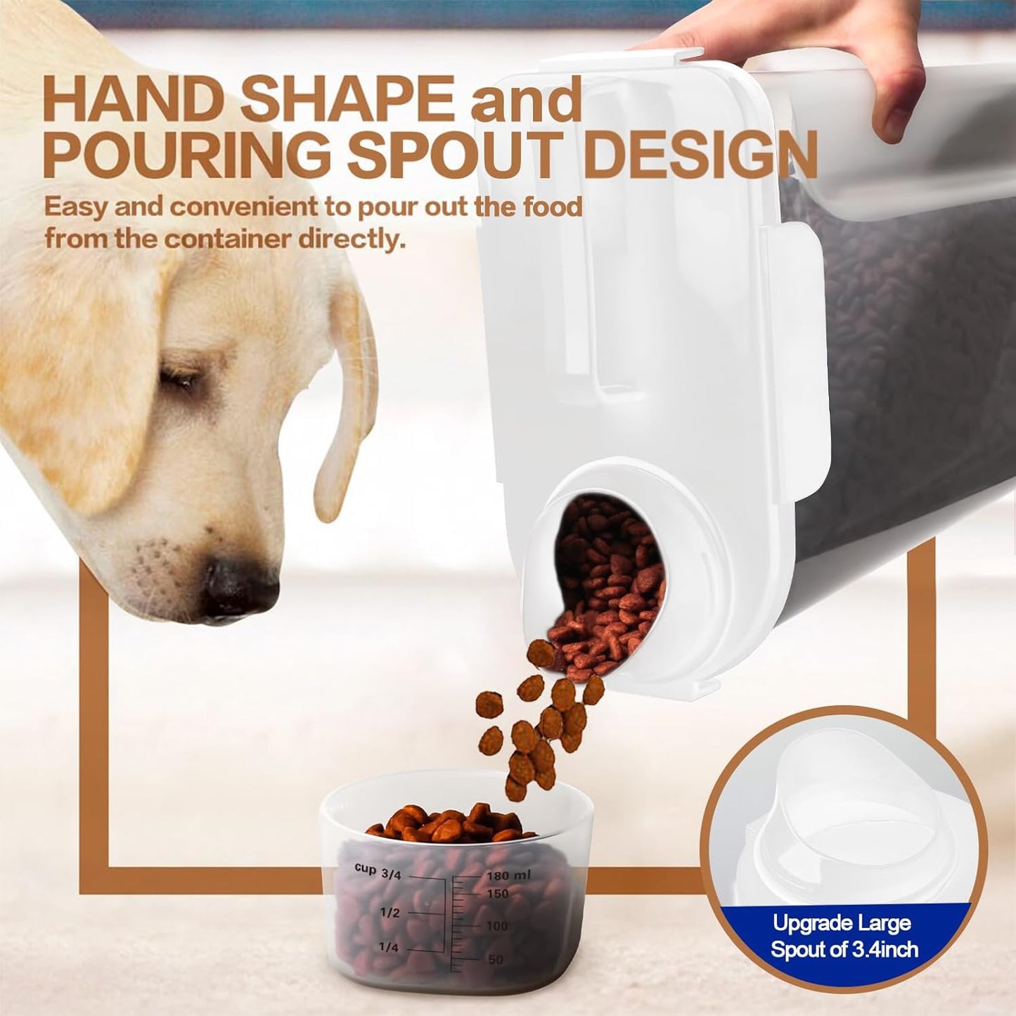 Dog Food Storage Container, 5-7 Lbs Airtight Pet Food Container, Cat food Container Dispenser with Portable Handle, Pouring Spout, Measuring Cup and a Collapsible bowl for Dogs Cats White/6Qt