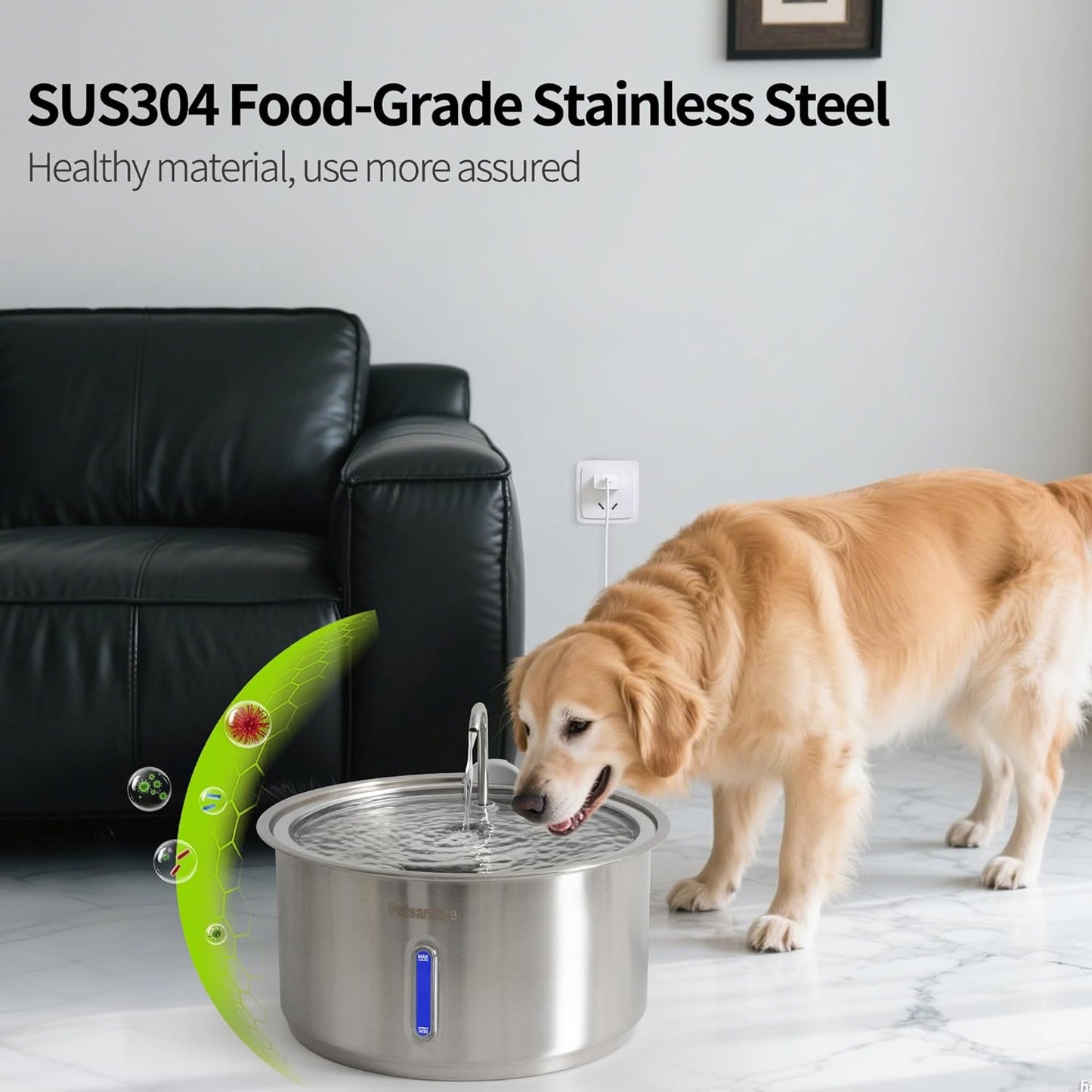 Large Dog Water Fountain, Petsamuse 11L/2.8Gal Automatic Circulating Stainless Steel Water Bowl Dispenser with 15 Replacement Filters, 2 Ultra Quiet Pumps, 2 Spray Modes and a Brush for Multi-Pet