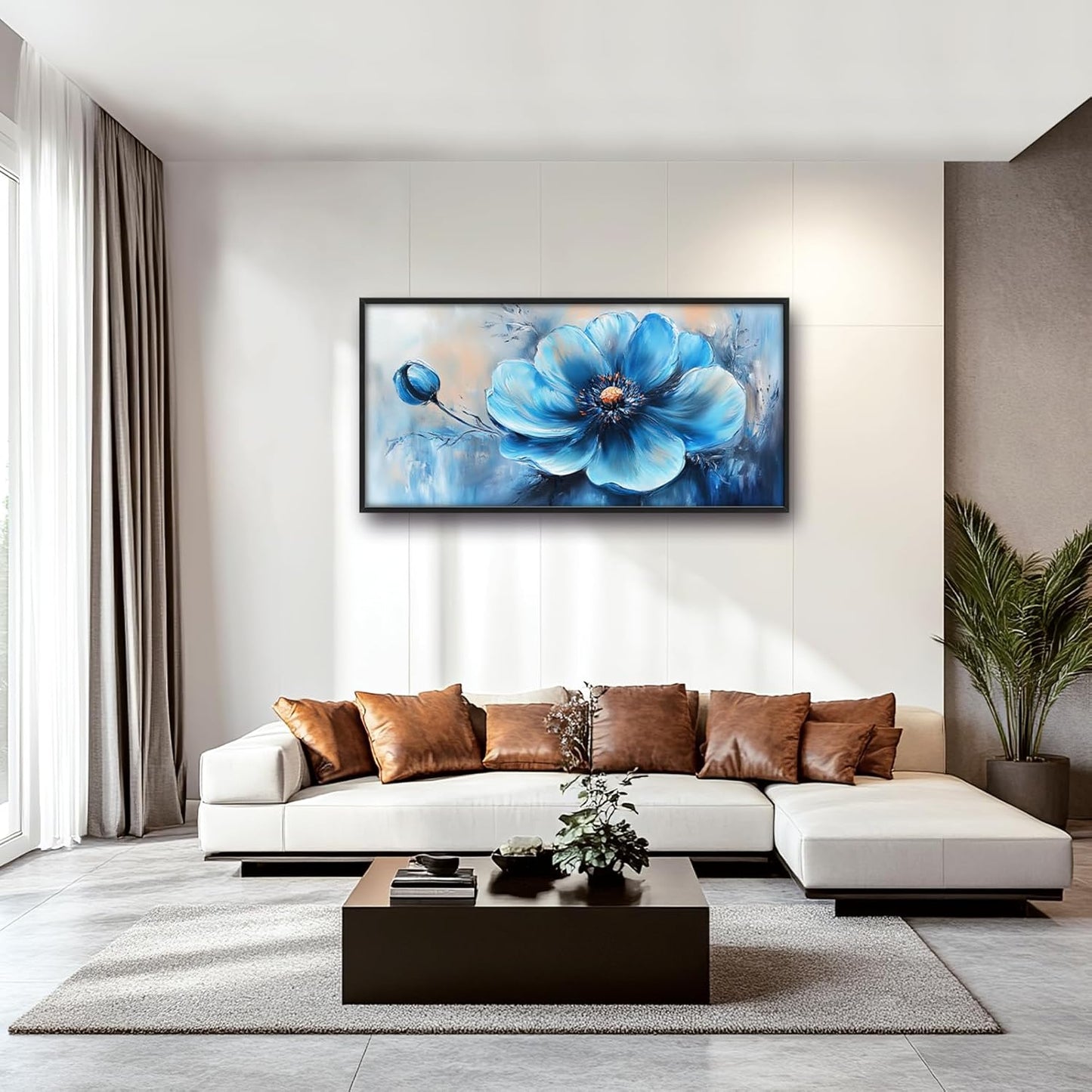 Extra Large Abstract Blue Flower Framed Wall Art for Living Room,Oversized Elegant Floral Pictures Wall Decor,Canvas Print Painting Modern Artwork Bedroom Office Bathroom 60L" x 30W"