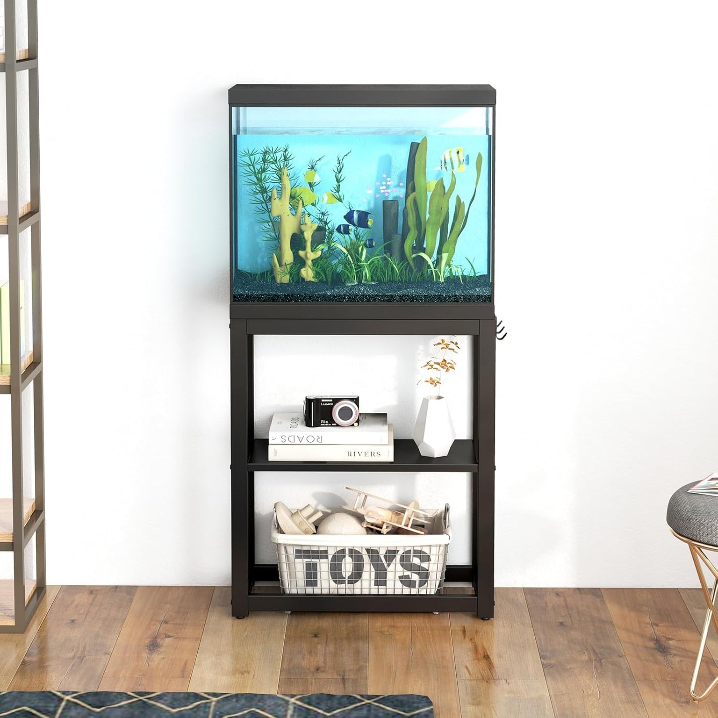 10-20 Gallon Fish Tank Stand with Storage Shelf, Aquarium Stand Measuring 24.8&quot; W x 9.5&quot; D x 30.1&quot; H with Hooks,Heavy Duty Metal Turtle Reptile Tank Stand, Easy Assemble