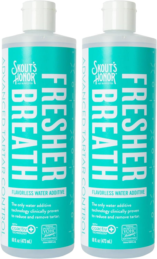 SKOUT'S HONOR Fresher Breath Water Additive for Pets - VOHC Accepted for Tartar Control, Freshens Breath Fast, No Brushing Required: Fresh & Flavorless 16oz - 2 Pack