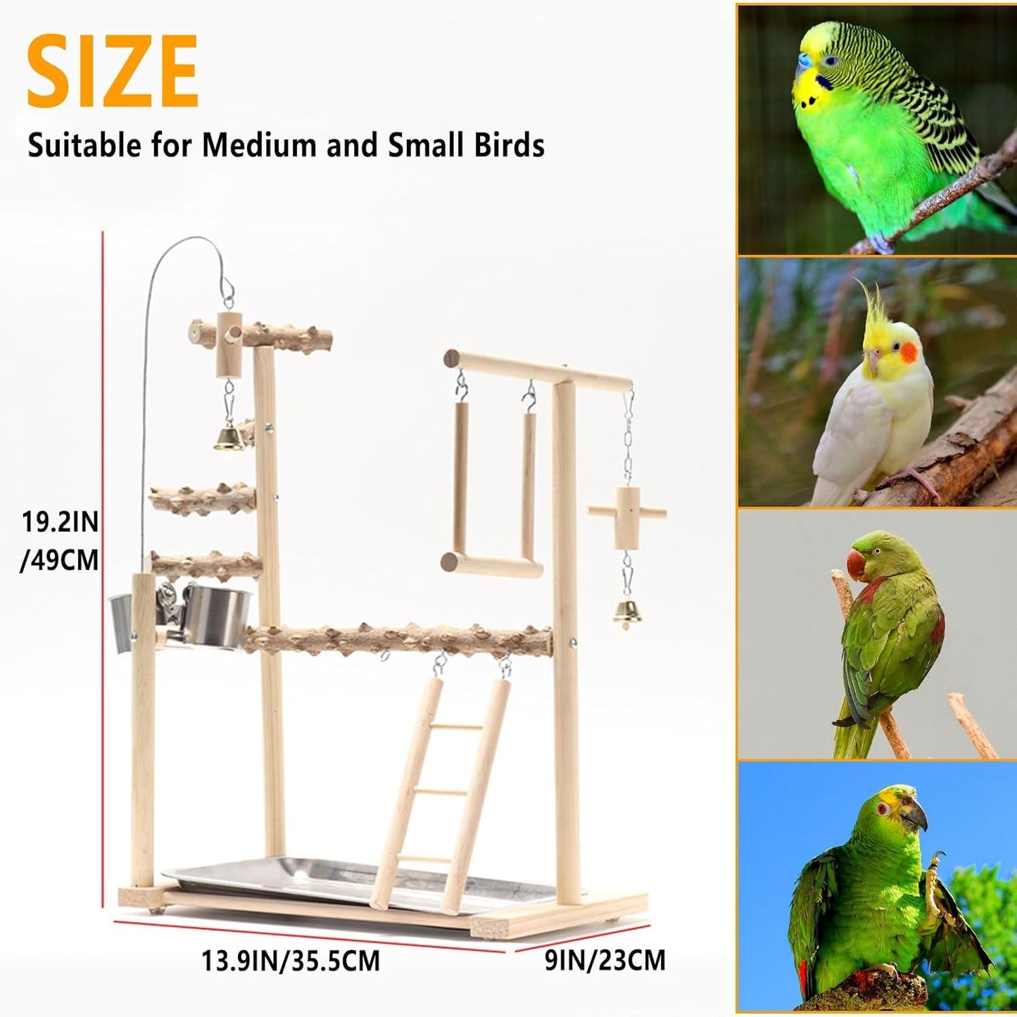 Bird Playground Parrot Playstand Bird Perch Stand Gym Natural Wood Play Stand with Swing Ladder Feeder Cups for Parakeets Cockatiels Lovebirds Conures Budgies
