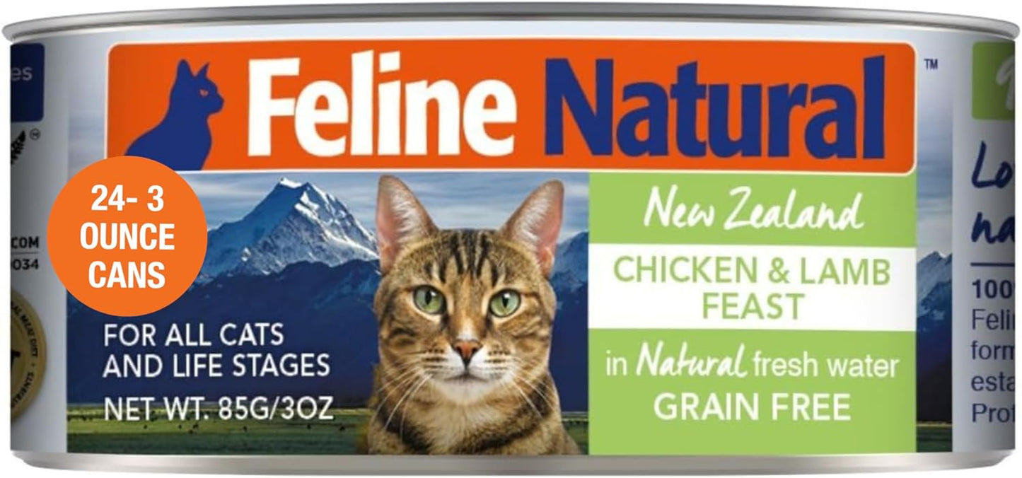 Feline Natural New Zealand Canned Catfood Wet Food, High-Meat, Low-Carb, & Grain Free Cat Food Wet, Chicken & Lamb Feast, 3 oz, Pack of 24