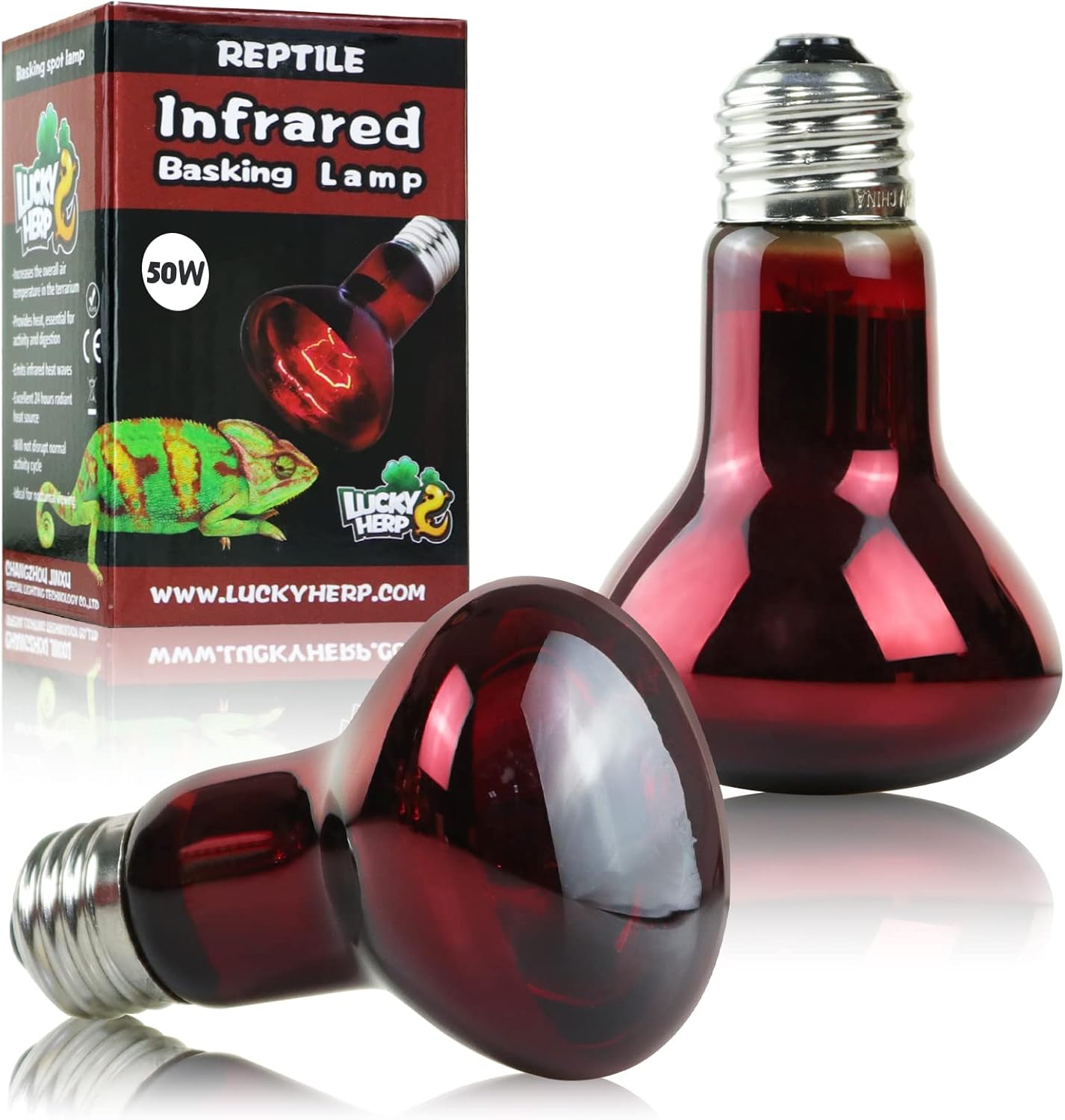 LUCKY HERP 50W Reptile Heat Lamp Bulbs 2 Pack, Reptiles & Amphibians Infrared Basking Spot Lamp, Heat Light Bulb for Turtle, Bearded Dragon, Lizard