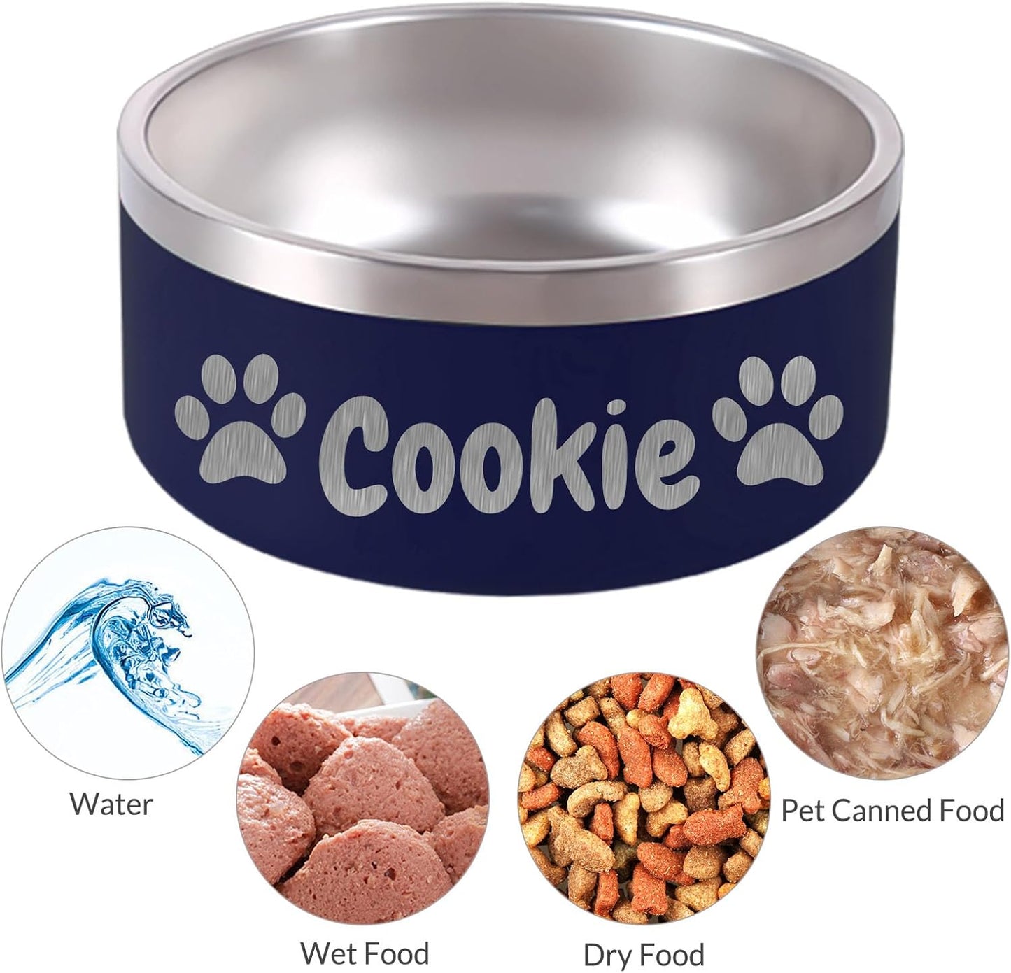 64OZ Personalized Dog Bowl Laser Engraved Custom Pet Name 18/32/42/64 oz No Slip Stainless Steel Insulated Bite-Resistant Food Water Dishes-White